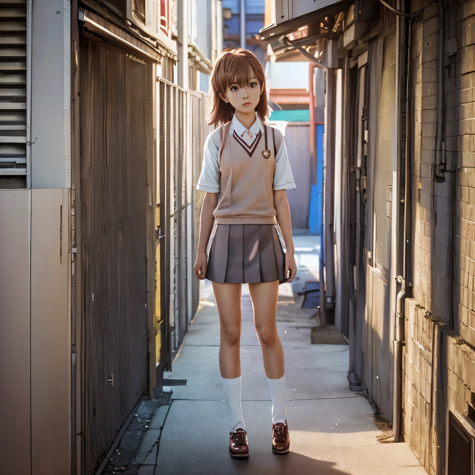 anime girl in school uniform standing on sidewalk in alleyway, standing in an alleyway, makoto shinkai. digital render, smooth anime cg art, standing in a township street, realistic anime 3 d style, makoto shinkai style, beautiful anime high school girl, anime visual of a cute girl, standing in township street, standing in street，Misaka Mikoto，with short golden hair，Short hair，JK school uniform