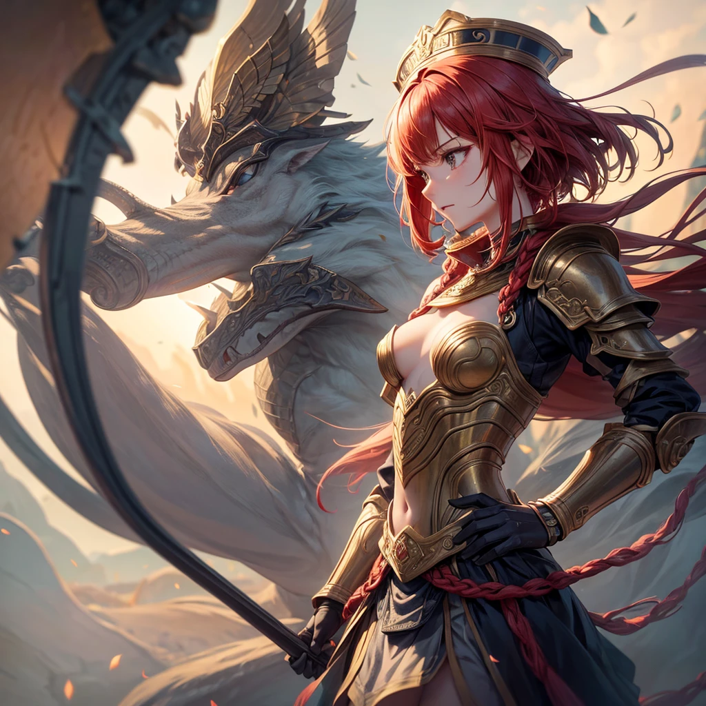 1人の女性,, armour, ancient wind,,,redheadwear, Fighting posture, Photoactual, Hyperactual, the ultra-detailed, analogue style, hip is cocked, modest, low chest, Delicate skin, Matte skin, gentlesoftlighting, sub surface scattering, actual, heavy shadow, tmasterpiece, Best quality at best, ultra actual, 8K, the golden ratio, iintricate, high detal, Film photography, soft focus, vague background