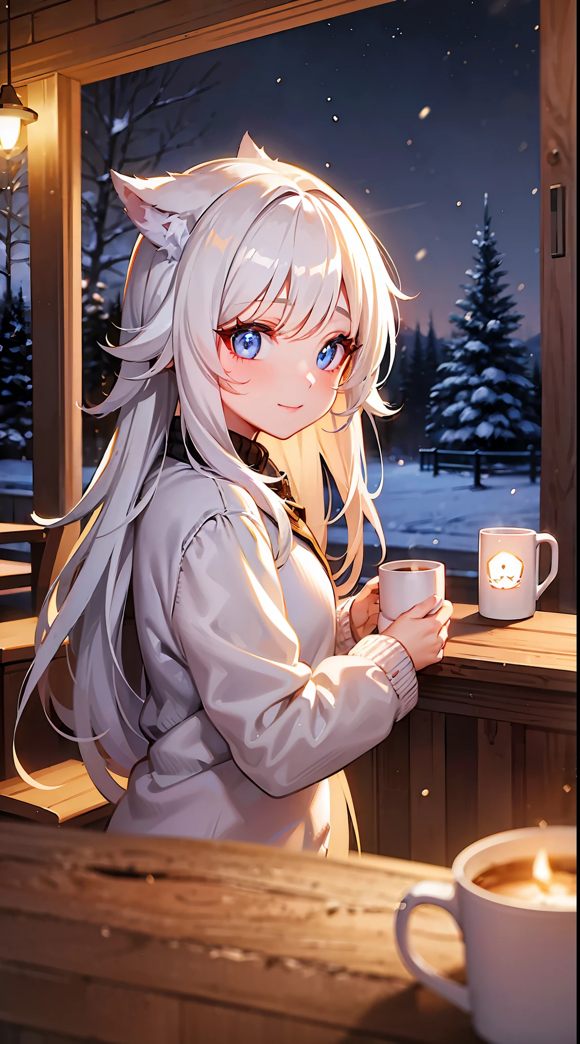 girl, hair glow, night, winter, mug, glow, glowing, snowfall, coffee, forest in the background