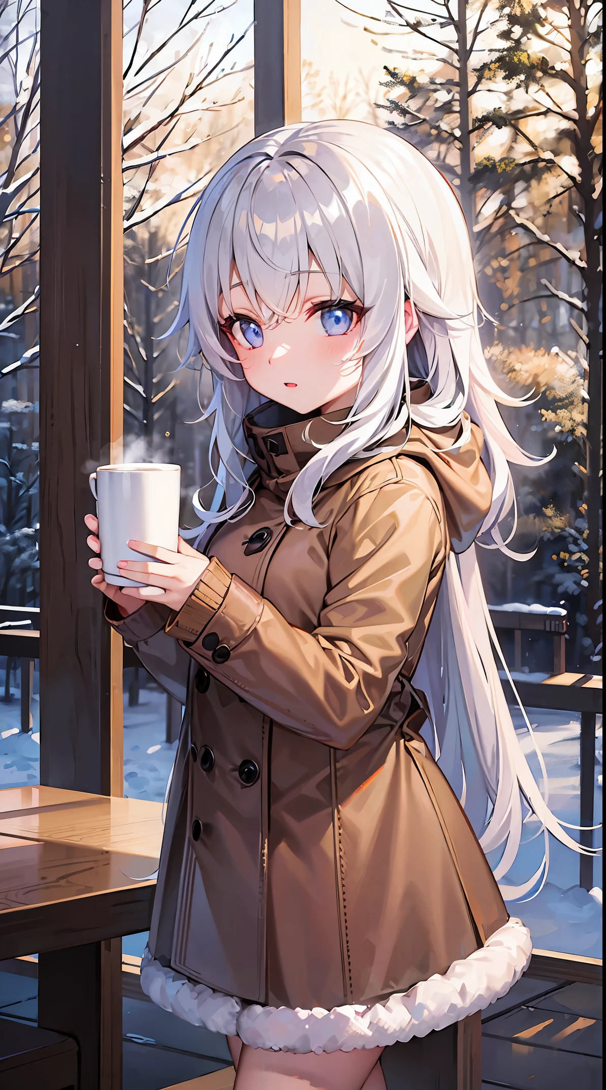 girl, hair glow, night, winter, mug, glow, glowing, snowfall, coffee, forest in the background