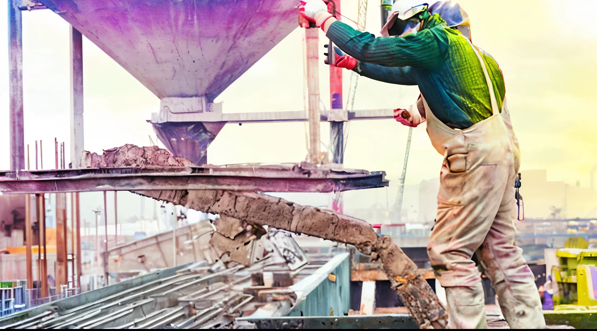 two worker pouring cement into a container at a construction site, cement, illustration, construction, industrial photography, concrete, photo taken in 2 0 2 0, ground-breaking, promo image, concrete ), bright construction materials, stunning image, post grunge, professional work, smooth solid concrete, advertising photo, cover shot, solid concrete, accurate portrayal, an illustration, colorful image, futuristic machine cement container, factory background, realistic image, 16k resolution