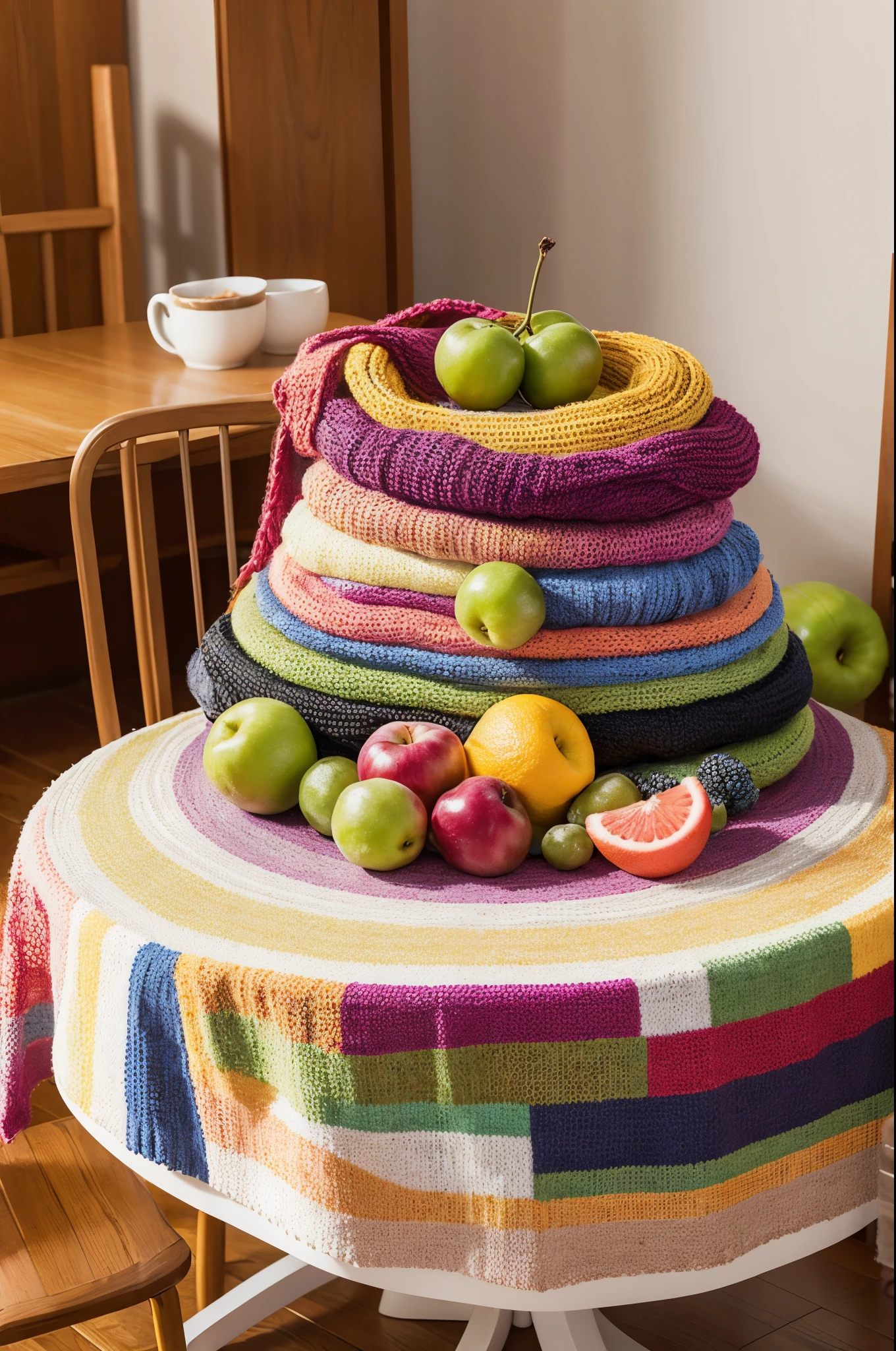 Colorful fruits or animals or geometric shapes of knitted fabrics piled on the table