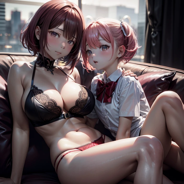 (top-quality,High resolution,(Ultra high definition,4K), (超A high resolution,in 8K),masutepiece:1.2), (Perfect Anatomy,Anatomically accurate), (Angle from below), (Soft lighting, rendered), (cute mother and daughter), ((Sitting on a sofa in the lobby of a luxury hotel,itting open legs)), ((Girls' High School Sailor Uniform)), (Red lace panties), (fascinated expression), (Crisp double eyelids), (Large breasts:1.3), (Soft skin), (Photorealistic), (Glowing skin), (pinkhair), (Pixie Cut)