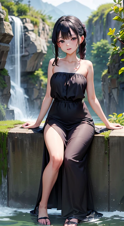 Beautiful Chinese girl, 20 years old, cute, chubby cheeks, braided purple-gray hair. Wearing a long black strapless dress Playing in the water, getting wet Wear white sandals to show off your feet. Waterfall background view 3D, 4D, full body view, Chinese style, anime style, wide view 32K Watercolor