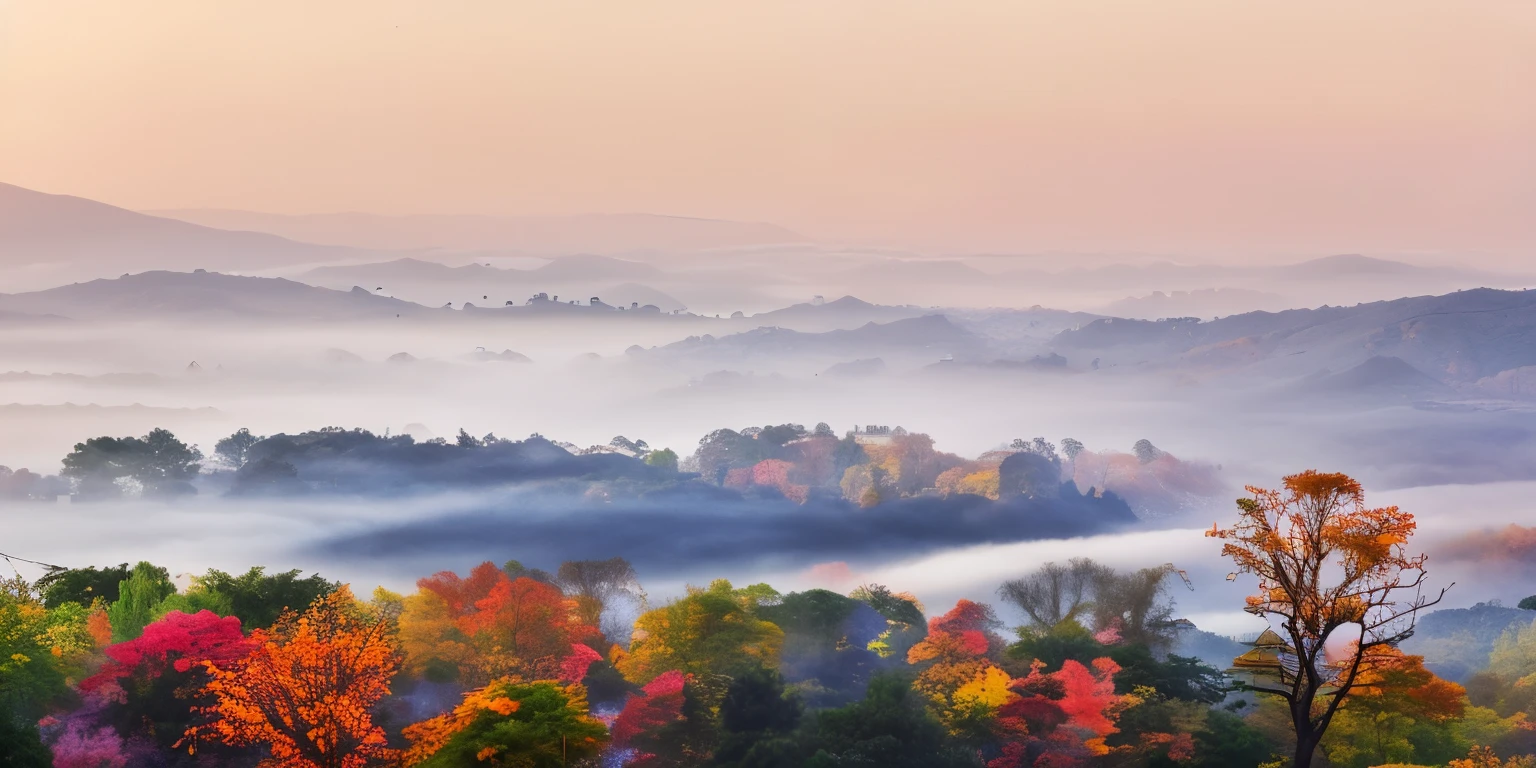 tree with orange, 's, 和前景中's红叶, valley thin fog, 发光's七彩雾, thin fog in valley, layered fog, thin fogs, Colored fog, appalachian mountains, hazy and thin fogy, Fog blanket, There is fog landscape, thin fogy and There is fog, There is fog, morning thin fog, thin fogy morning, thin fog, 色彩缤纷's场景, billowing fog, Bama, Beautiful fog, thin fogy fog,cartoon
