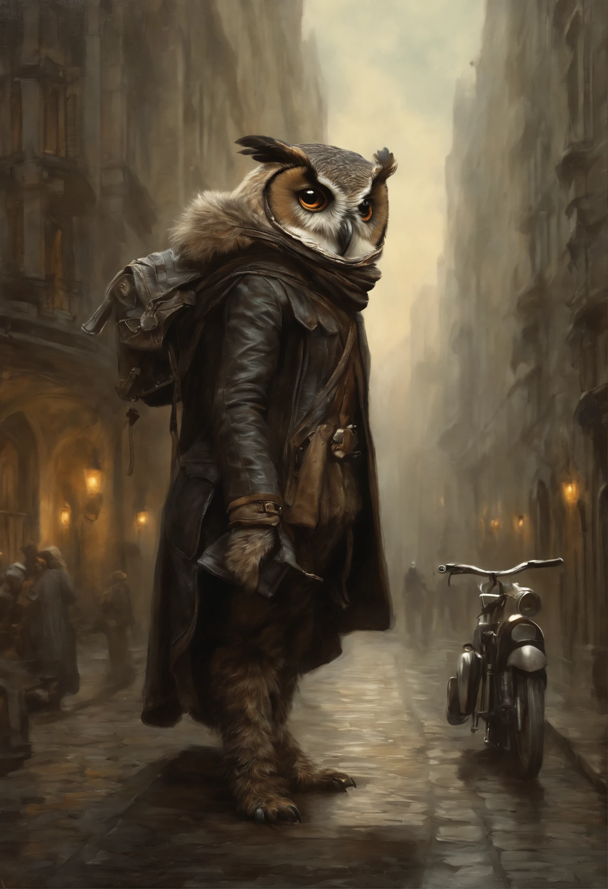 真实感, dark fantasy style, John Tolkien style, Small painting by Jean-Baptiste Monge, fluffy owl girl with big breasts and big ears, looks like an owl girl, In a short black leather jacket....., Jeans, Standing next to a motorcycle, The city, megalopolis, city trail, big house, glass skyscraperJean-Baptiste Monge, anthropomorphic --ar 2:3 --testp -optimistic;