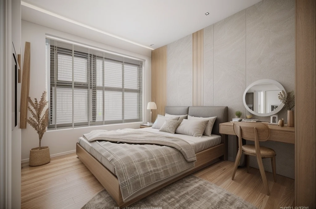 To create a modern minimalist bedroom with a calming atmosphere, (curved mirror:1.1), (slat wooden:1.1), follow these interior design tips: use a neutral color palette (white, gray, beige, or black), invest in high-quality bedding with  designs and textures, keep the space clutter-free by displaying only necessary items, incorporate natural elements like plants and wood accents, use lighting to create ambiance with a mix of task, ambient, and accent lighting, prioritize comfort with cozy textures like throw blankets and rugs, add art sparingly with  and understated pieces, and consider using blinds or shades with clean lines for window treatments. ((featuring warm (LED light:1.2) , The ambient lighting highlights the textures and details, creating a stock photo-like atmosphere, (((Best Quality:1.5))), ((Masterpiece)), ((best illustration)), ((best shadows)), ((Super Detail:1.5)), (Intricate lines:1.5), (Photorealism:1.5),(hyper detail:1.5), ((archdaily)), ((award winning design)), (dynamic light:1.5), ((night)), (perfect light:1.5), (shimering light:1.5), (hidden light:1.5), ((photorealistic)), ((FKAA, TXAA, RTX, SSAO)), ((Post Processing)), ((Post-Production)), ((CGI, VFX, SFX)), ((Full color)), ((Sony A7R IV - 61 MP Exmor R CMOS full frame 35mm 61.0 Megapixel)) ,((Unreal Engine 5)), ((intricate detail)), ((extreme detail)), ((science)), ((hyper-detail)), ((super detail)), ((super realistic)), ((crazy detail)), ((octane render)), ((Cinematic)), ((trending on artstation)), ((High-fidelity)), ((Viwvid)), ((Crisp)), ((Bright)), ((Stunning)),, ((Eye-catching)), ((High-quality)),((Sharp))((Bright)), ((Stunning)), Natural, ((Eye-catching)), ((Illuminating)), ((Flawless)), ((High-quality)),((Sharp edge render)), ((medium soft lighting)), ((photographic render)),