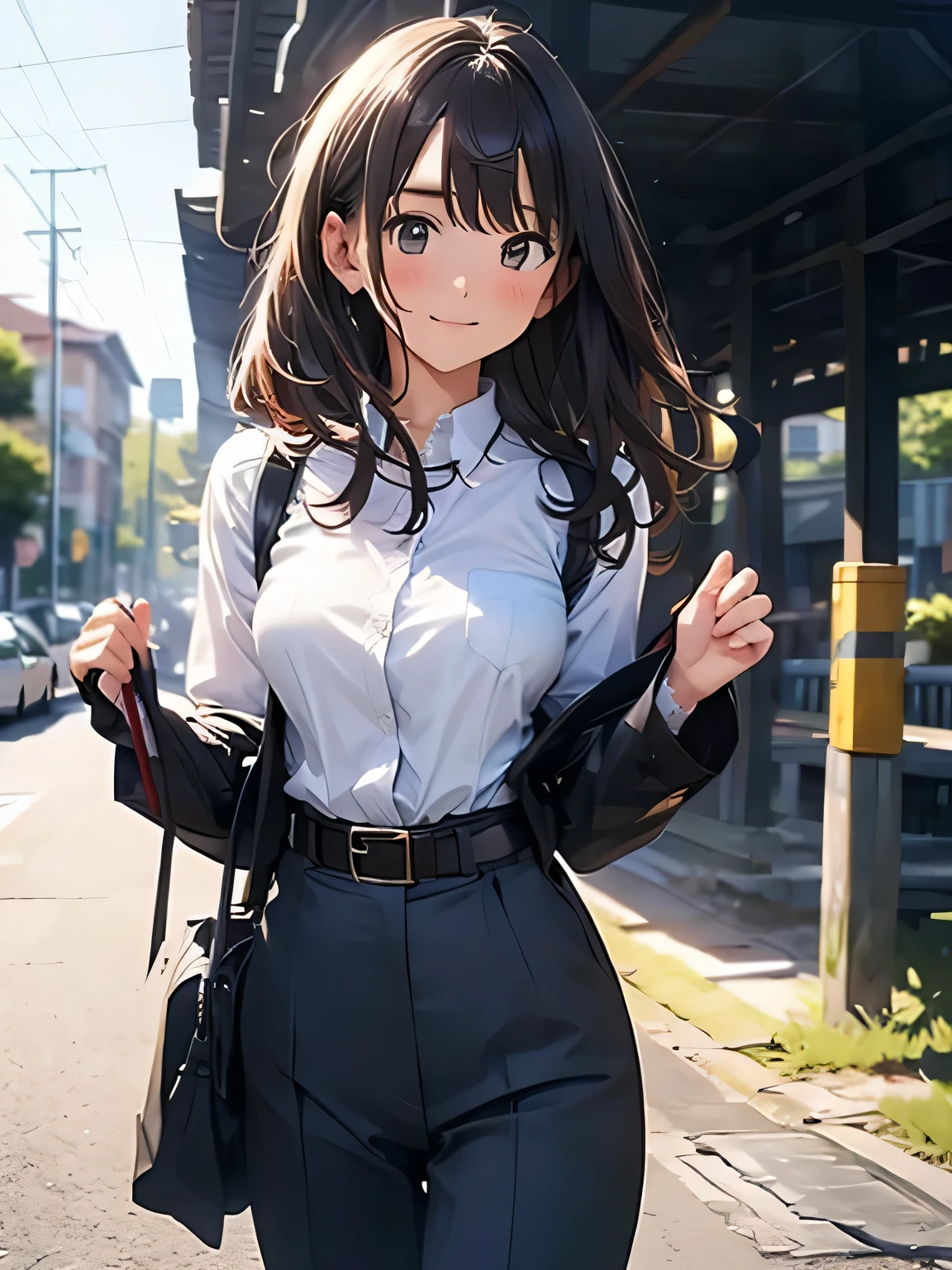 Brown hair、watching at viewers　　　black suspenders　　　bulging big tits　　 　 　　　walls: 　　　　　　Gaze　　　a small face　bangss 　　　holster　　　Beautuful Women　　Hands up　　レッグholster ベッドに横たわる　　Gaze 　black suits　Cutter shirt　校服　OL　salaryman　　Provocation　flank　flank汗　Soio 　arms are　　White belt