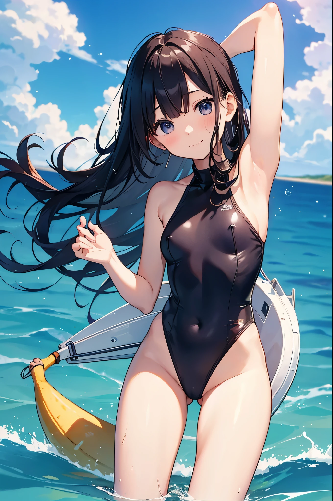((4ｋ、8ｋ、top-quality、Perfect Finger：1.3、Perfect Anatomy：1.3、Blur the background))、two people、((a junior high school student、14years、Small breasts、Cute droopy eyes))、a smile、（onepiece swimsuit）、Angle where the whole body is depicted、、sandy beach with blue sky、Banana boat、