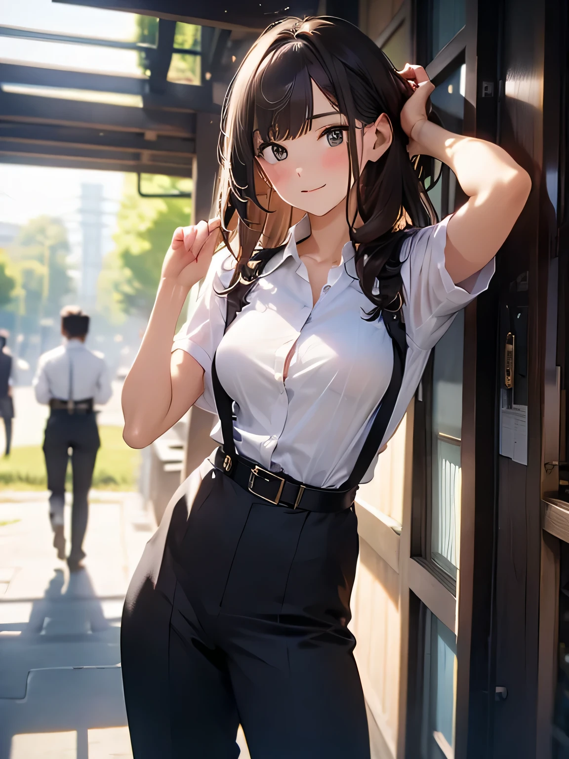 Brown hair、watching at viewers black suspenders bulging big tits walls: Gaze a small face bangss holster Beautuful Women Hands up レッグholster ベッドに横たわる Gaze black suits Cutter shirt 校服 OL salaryman Provocation flank flank汗 Soio arms are White belt