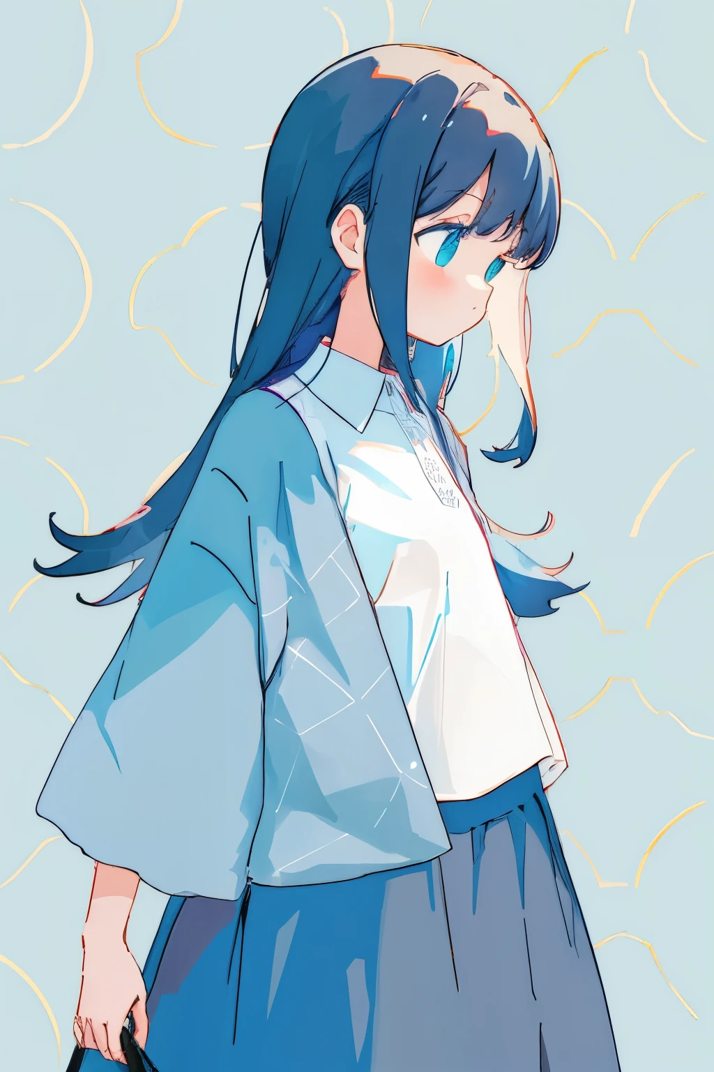 Geometric pattern background:1.3、dark color、cute girl hair、Looking away、white baggyTThe shirt、プリントThe shirt、loose-fitting clothes、Retro、top-quality、ultra-detailliert、High quality detailing、Blue