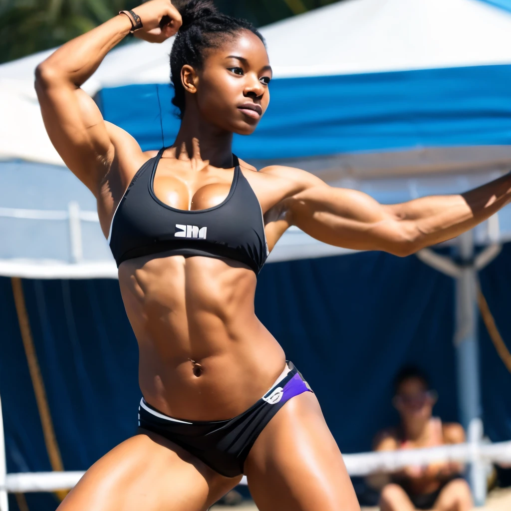 dark skin female bodybuilders plays beachvolley
