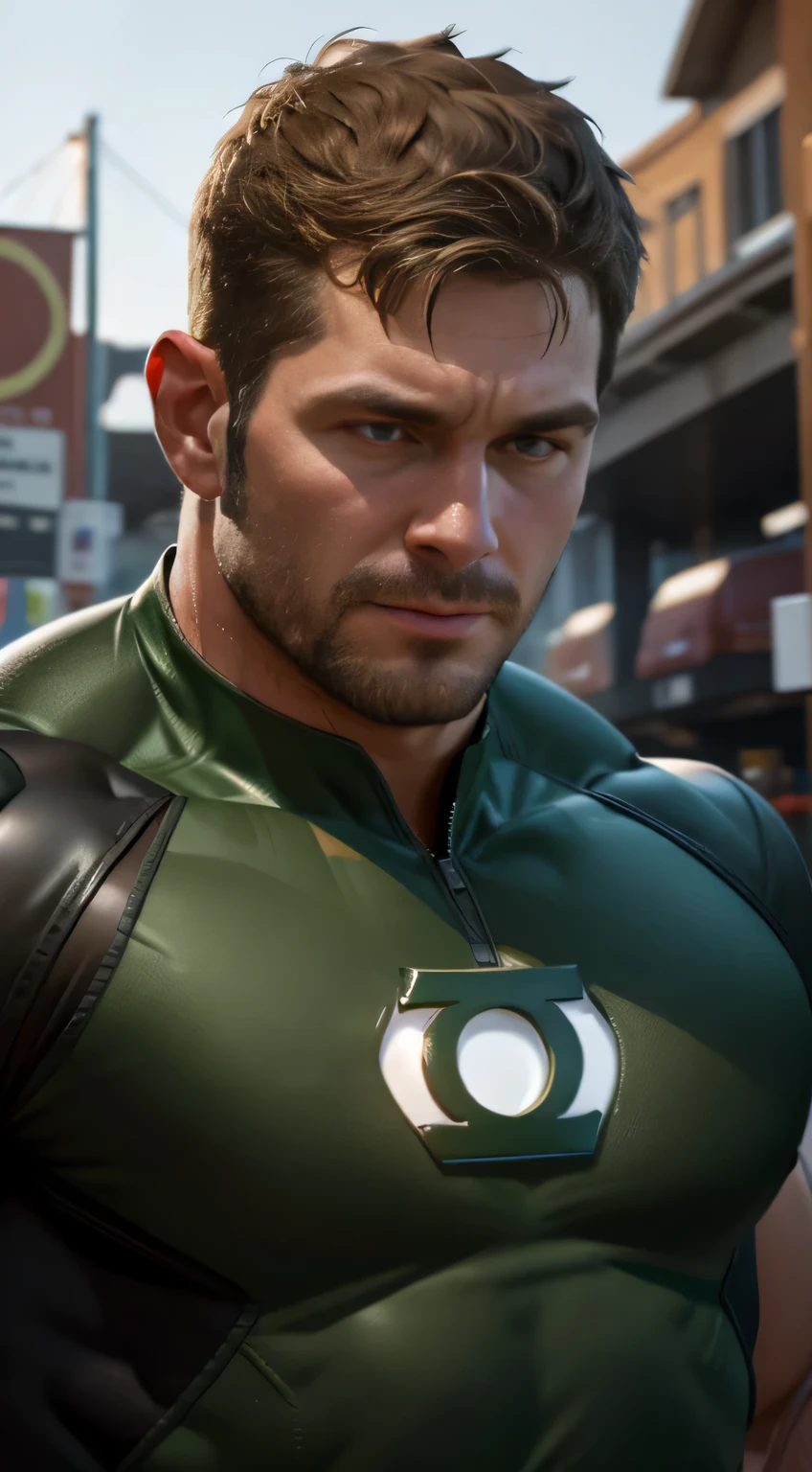 An award-winning original photo，A wild muscular man, (40 years old daddy:1.3), 1boy, Solo, (wearing a (green lantern) costume), black hair, (big shoulderusculature, stubbles, Short beard, Beautiful eyes:1.3, ), (Detailed face:1.3), wearing glasses, smiles, Dynamic Angle, volumetric lighting, (Best quality, A high resolution, Photorealistic), Cinematic lighting, Masterpiece, RAW photo, Intricate details, hdr, depth of field, upper body