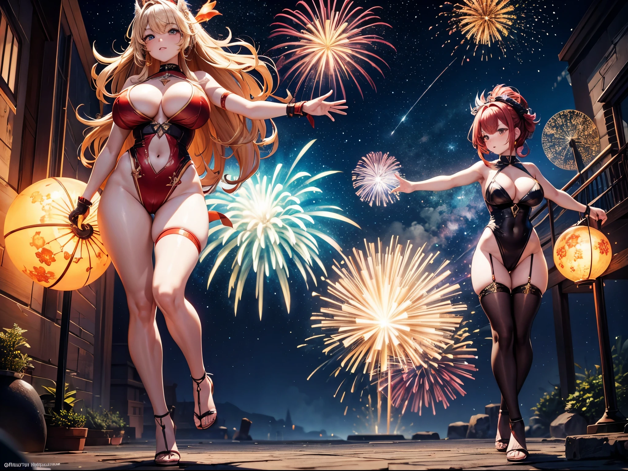 Visualize an eruption of fiery 3D fireworks, leaving behind fractal embers that linger in the air, representing the enduring glow of memories from the previous year 2023, enormous tits, (full body:1.5)