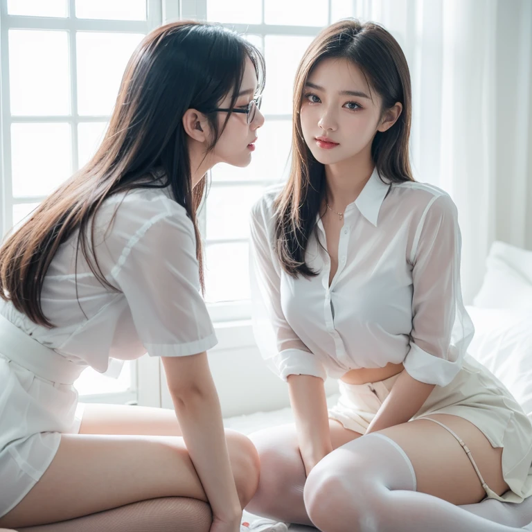 Sweet expression, lie, White glasses, cheveux gris courts, (8K, RAW photos, realistically:1.25) ,( gloss on the lips, eyeslashes, shining face, Glowing and radiant skin, Best quality, 超高分辨率 , depth of fields, color difference, Caustics, Wide light, naturalshadow, K-pop idol) Looking at the audience’s calm and goddess-like happiness, Full body lesbian, , White under underwear, blackstockings, see through shirt, white shirt, secretary