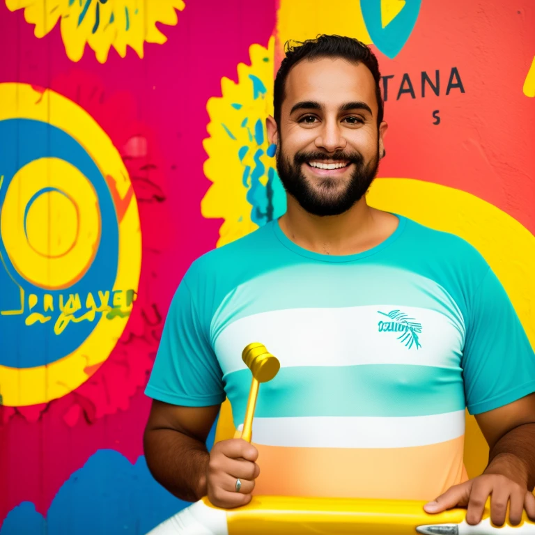 smiling drag queen man holding a hammer in front of a colorful wall, caio santos, icaro carvalho, daniel mirante, by Ramón Silva, Henry Alvim Correa, by Antonio Parreiras, david rios ferreira, inspired by Nathan Oliveira, carmelo blandino, holding maracas.