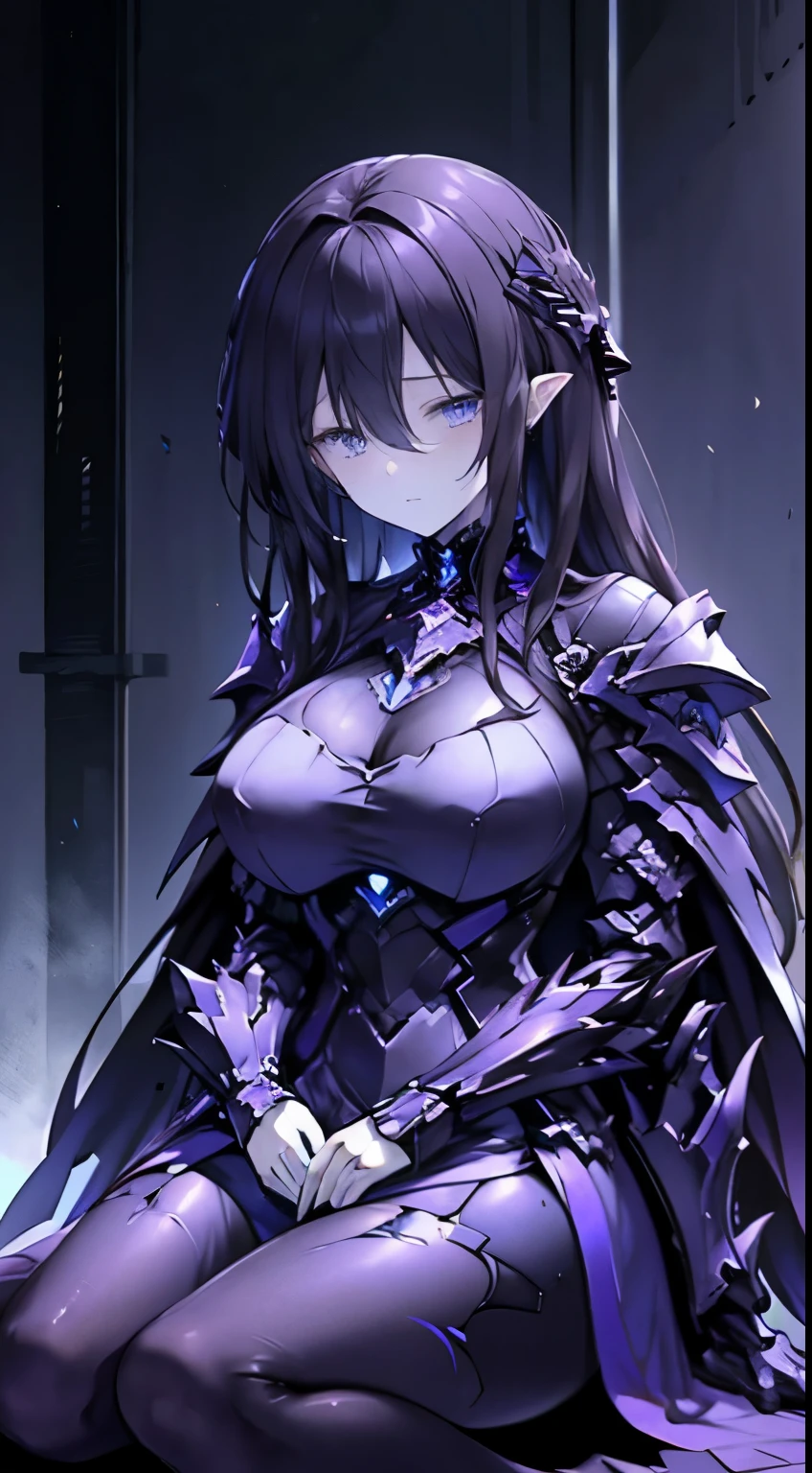 1 lady, brunette color hair, eBlue eyes, pale-skinned,,purple dress,Heavily armoured，Flame it up，bust，，Armor with rich details，large bust，blue color eyes，sitting down，On the battlefield