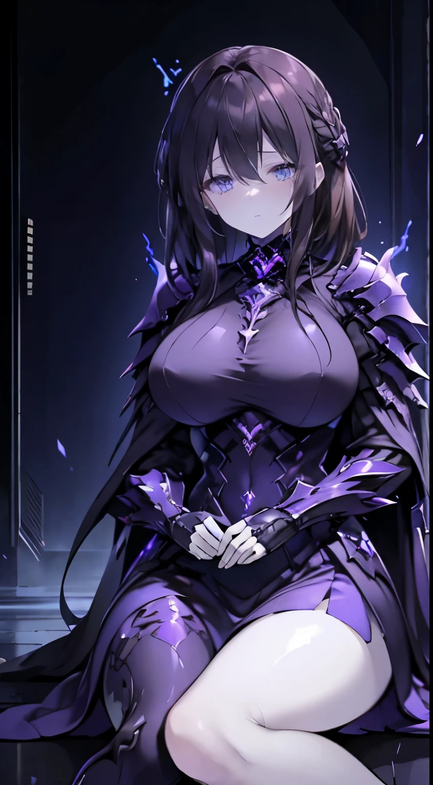 1 lady, brunette color hair, eBlue eyes, pale-skinned,,purple dress,Heavily armoured，Flame it up，bust，，Armor with rich details，large bust，blue color eyes，sitting down，On the battlefield