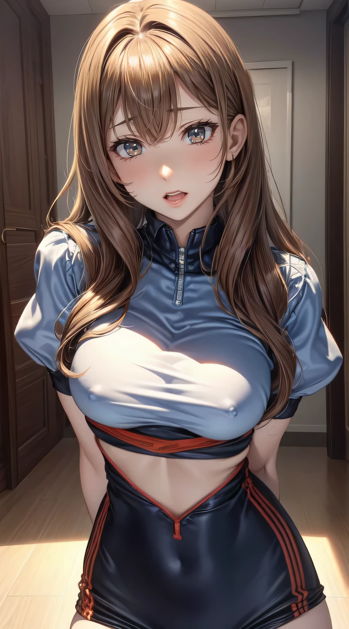 Pornographic Images,NSFW,vaginal,SEX,(Cinematic scene,Fantasy Art,Highest image quality,portrait of ultra realistic,(8K),Ultra-realistic,Best Quality,High quality,High Definition,high quality texture,high detailing,Beautiful detailed,fine detailed,extremely details CG,Detailed texture,realistic representation of face,masutepiece,presence,Dynamic,Bold),1gir,Ultra detailed skin,Curve,Petite,Beautiful breasts,Large breasts,pale skin,pointed breast,Erect nipples,(super thin hair),(ultra soft hair),(ultra straight hair),Swept long bangs,very light coppery amber hair,Hair over one eye,gymnastic suit