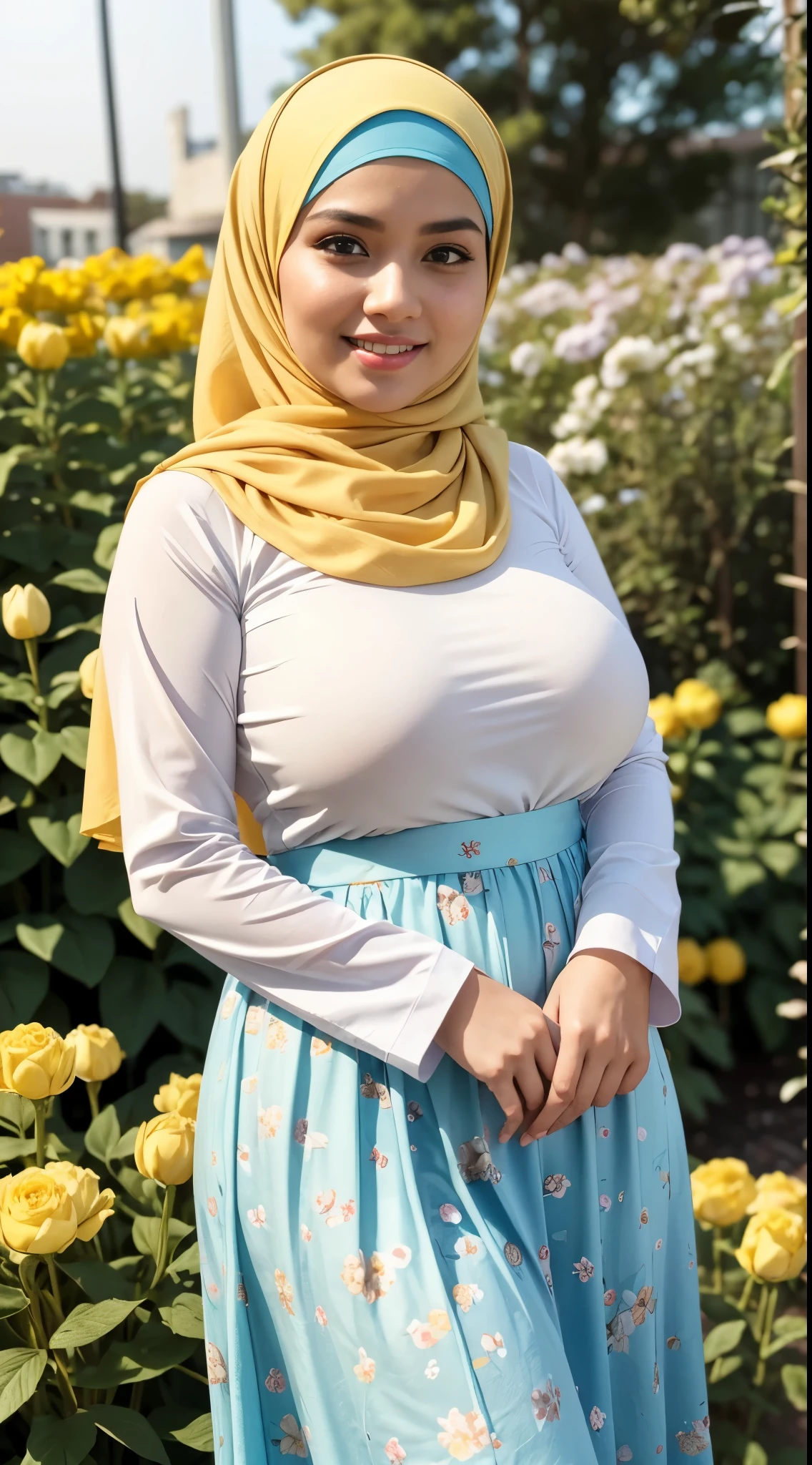RAW, Best quality, high resolution, masterpiece: 1.3), Beautiful Malay woman in hijab, Masterpiece, perfect fit body, ((Big breasts)), beautiful big eyes, Soft smile,Muslim Woman in light blue floral pleated skirt and yellow blouse standing in the flower garden, feminine in cute pastel colors, wearing an elegant outfit, feminine in pastel shades, yellow and light blue outfit, white hijab,Malay, wearing blouse, hijab, beautiful image, she smiles, smooth turtleneck, necklace , hairband, evening walk, City park, Great lighting, Bright colors, Clean lines