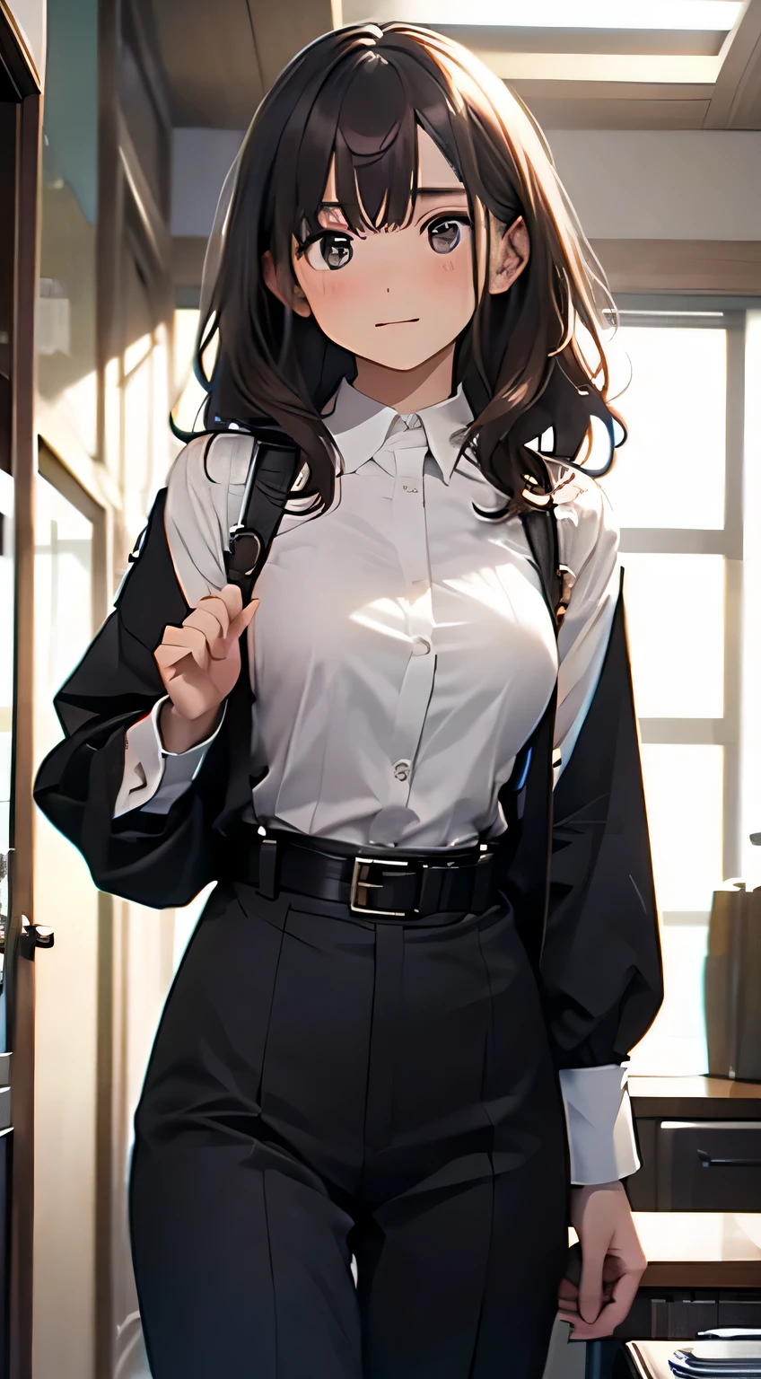 Brown hair、watching at viewers black suspenders bulging big tits walls: Gaze a small face bangss holster Beautuful Women Hands up レッグholster ベッドに横たわる Gaze black suits Cutter shirt 校服 OL salaryman Provocation flank flank汗 Soio arms are White belt