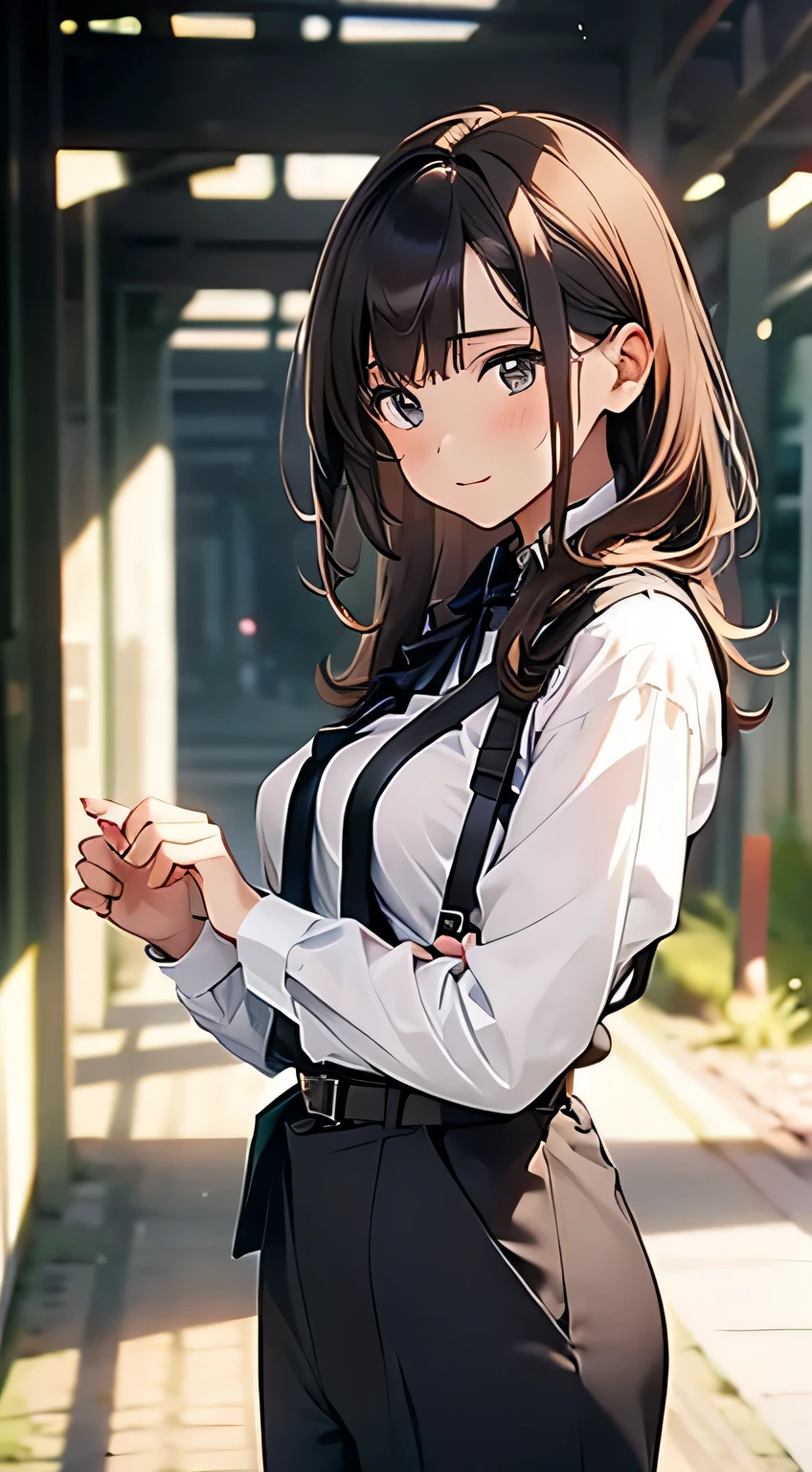 Brown hair、watching at viewers black suspenders bulging big tits walls: Gaze a small face bangss holster Beautuful Women Hands up レッグholster ベッドに横たわる Gaze black suits Cutter shirt 校服 OL salaryman Provocation flank flank汗 Soio arms are White belt