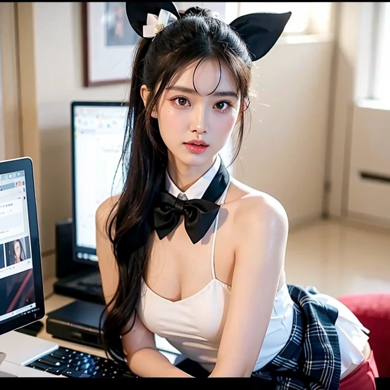 Close-up of a woman wearing a bow tie holding, cgstation trends, Popular topics on cgstation, Highly realistic. Live broadcast, gorgeous chinese models, Middle Metaverse, cutecore, 奈良美智, 千 葉 雄 大, She is facing the camera