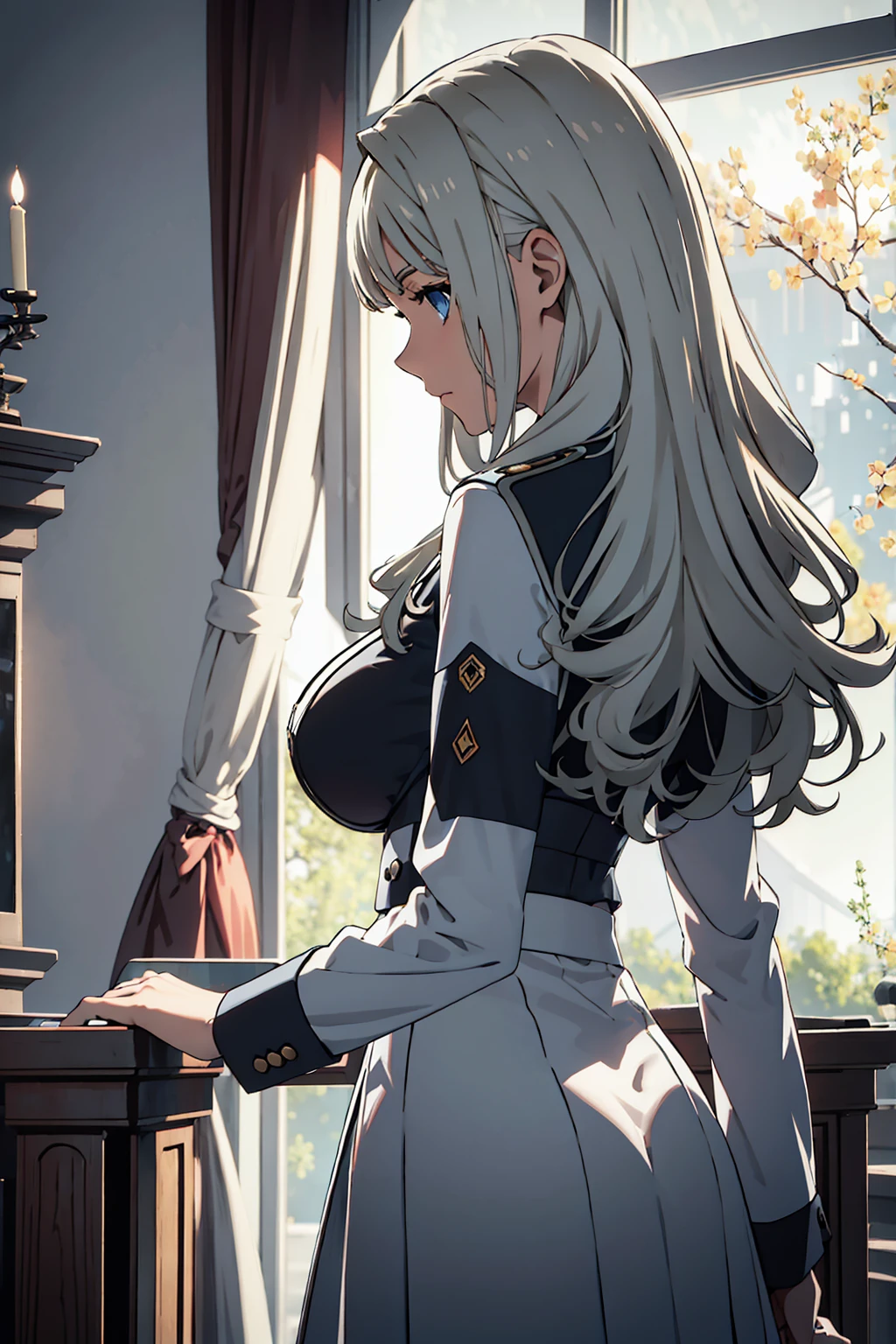 Meisterwerk,Atemberaubend realistisch, best quality, Sharpness, kokoro,1 girl,grey hair,blue eyes,large boobs,standing in a livingroom, arms behind back, school uniform