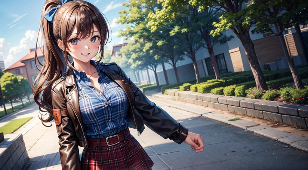 1girl, solo, village, trees, brown hair, long hair, curly hair, ponytail, large breasts, button down shirt, ((blue checked shirt)), ((unbuttoned shirt)), brown eyes, ((opened brown zipper jacket)), leather jacket, red and black skirt, grin, looking at the viewer, standng, hair ribbon
