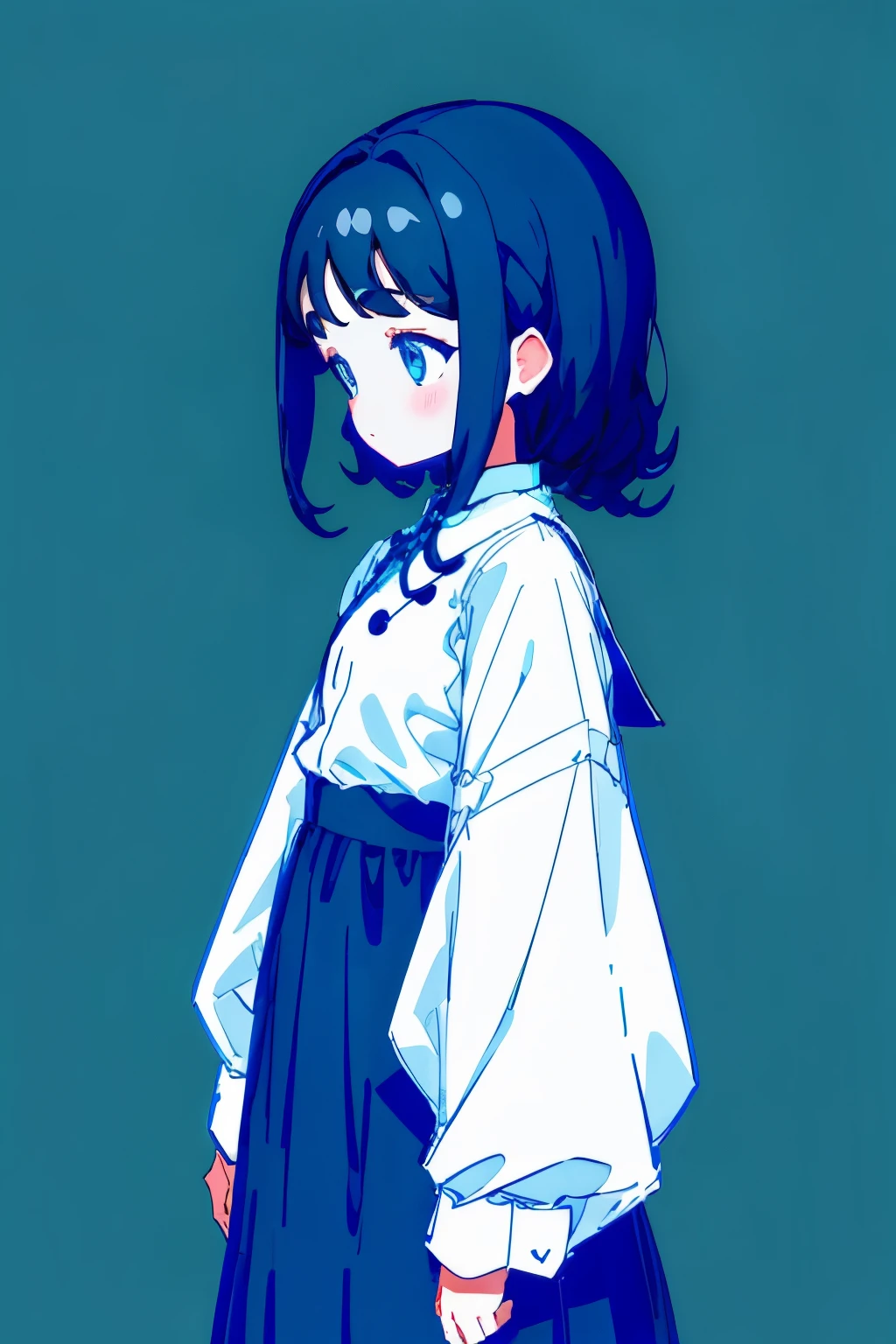 Geometric pattern background:1.3、dark color、cute girl hair、Looking away、white baggyTThe shirt、プリントThe shirt、loose-fitting clothes、Retro、top-quality、ultra-detailliert、High quality detailing、Blue