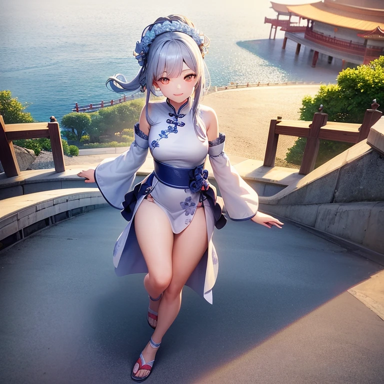 A beautiful 20-year-old girl, cute, smiling, braiding her gray hair. Wear a blue kimo with a floral pattern. Wear white sandals to show off your feet. Chinese palace background view 3D, 4D, full body view, Chinese style, anime style, panoramic view