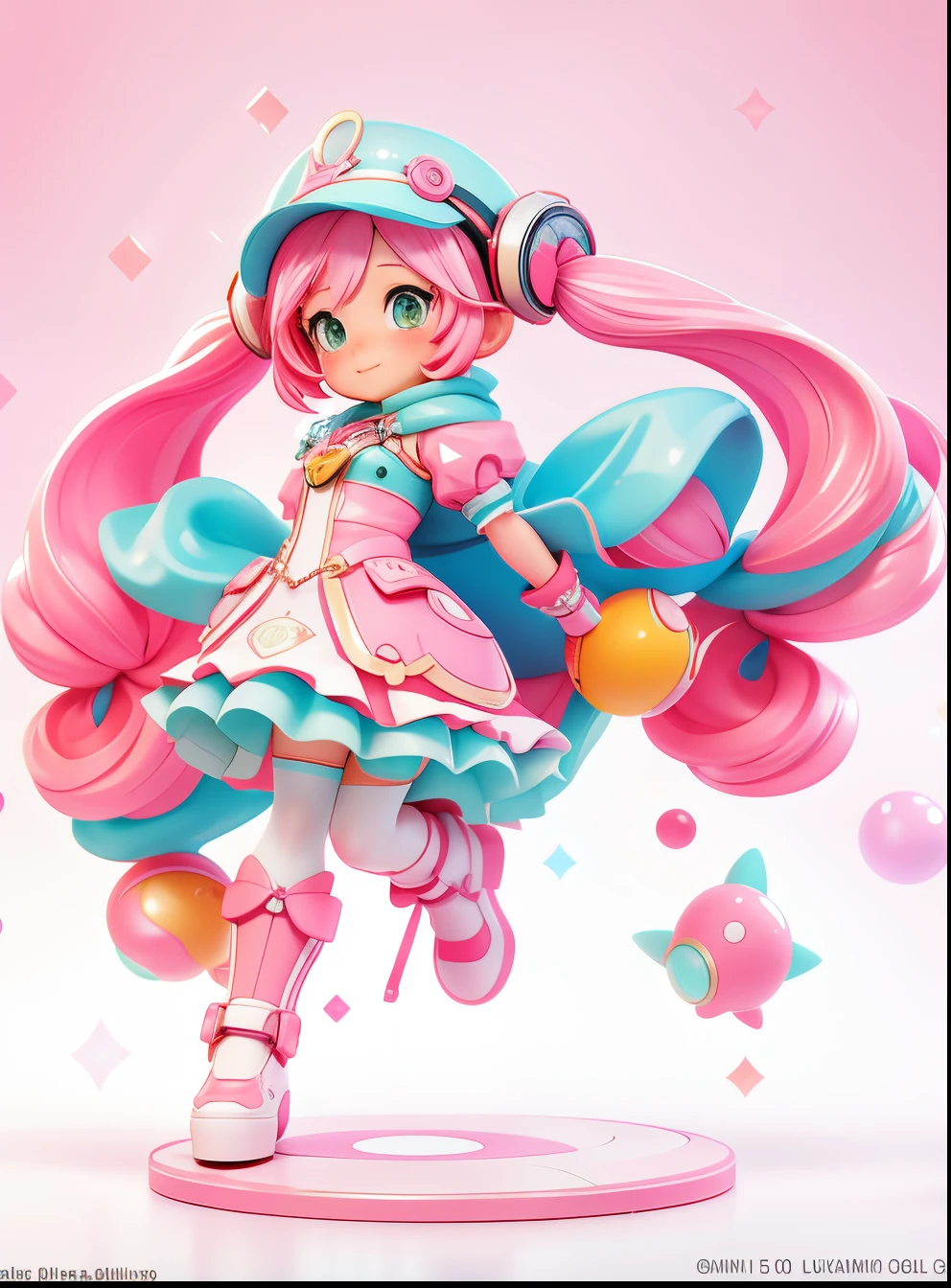 Close up portrait of a person with long hair and hat, Gear Aurora Borealis, pink twintail hair and cyan eyes, humanoid pink female squid girl, Official Character Art, art style of rune factory 5, Madoka Kaname, alchemist girl, from the azur lane videogame, VOCALOID, pudica pose, Anime girl named Lucy, vi from arcane