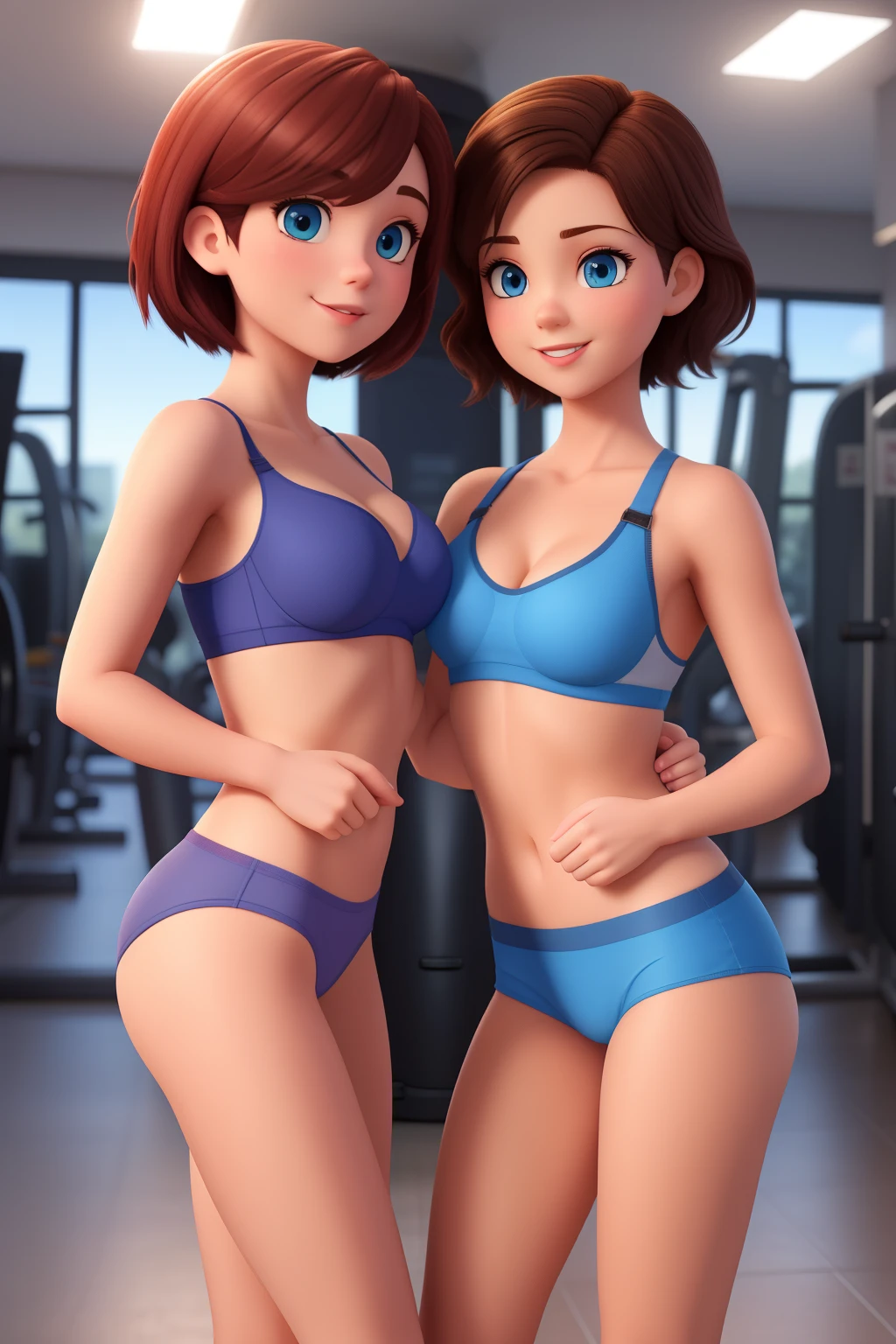 4 girl with short short hair and blue eyes, young looking, bra, tight panties, gym locker room. 3d cartoon with accurate proportions, taking selfie kissing each other, group hug