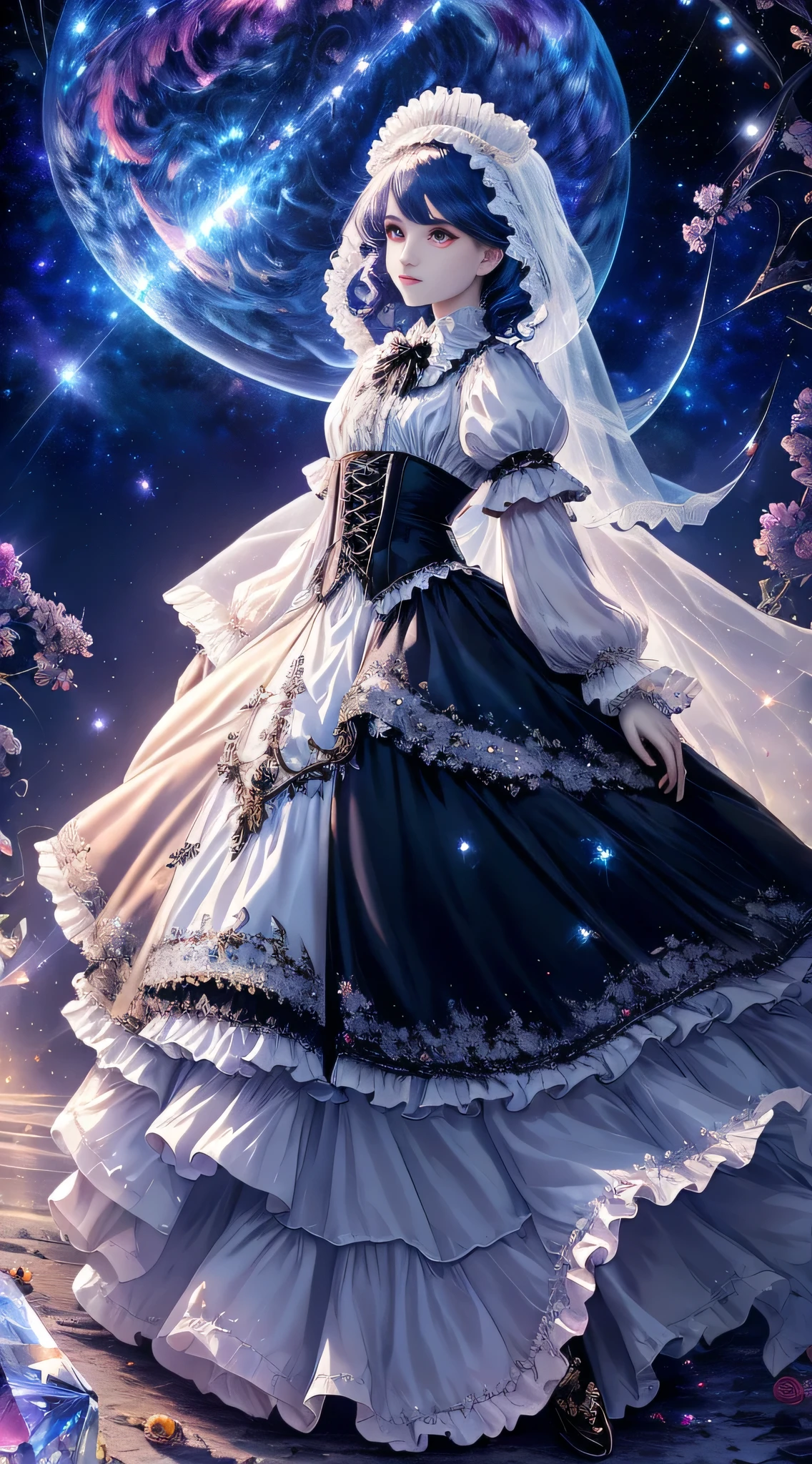 Extreme detailing, ta, loliashion, frills, intricate and gorgeous, gloves, afternoon tea, ponet, curls, macarons, cream, colorful, gradient pick dye, candy, shiny, shiny, light particles, dynamic poses, dramatic compositions, candy hair accessories, colorful skirts, pearls, flowers, embroidery, gem-encrusted, flat chest, gauze dress with broken diamonds, flying, jumping, veil, transparent blouse, lace gloves, delicate depiction of face, full body, full body, Opal-like eyes, skirt in white tones, colorful white, laser, crystal skirt, diamond-like hair, starry sky, slender eyes