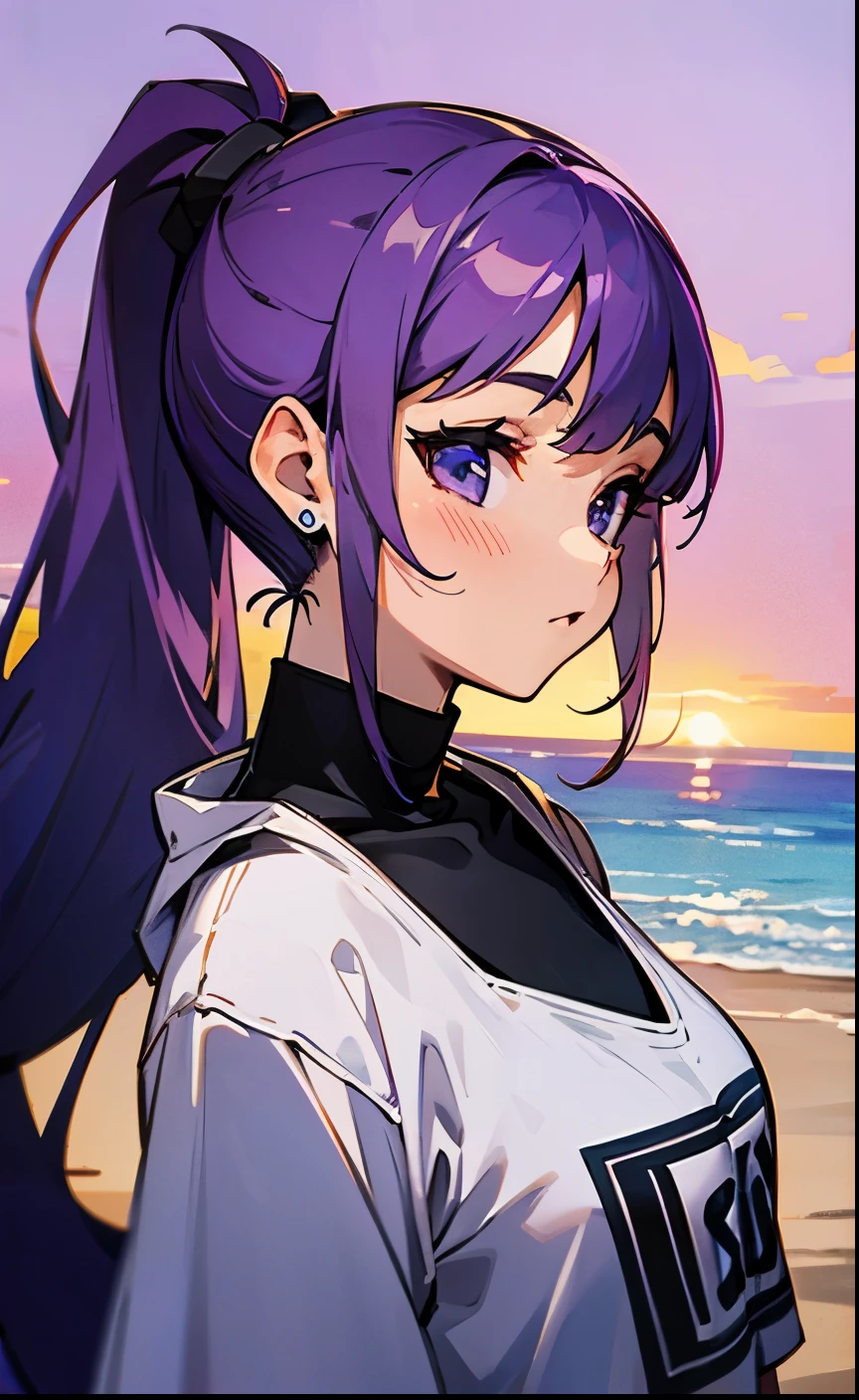 Purple colored hair，Purple colored hair，the sunset，sandbeach，beachside，Ultra-clear resolution，Black sweatshirt，High ponytail，