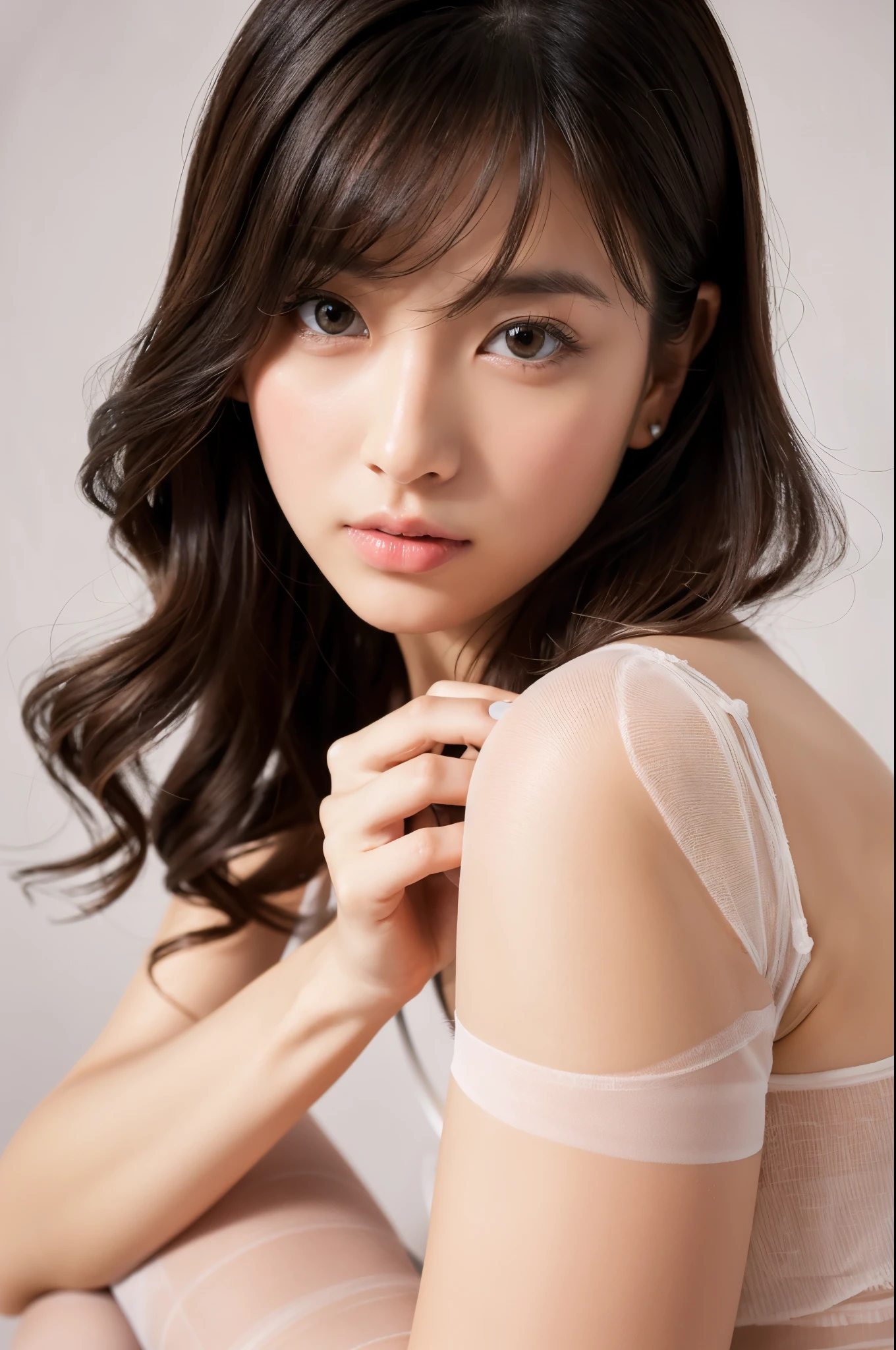 ulzzang -6500-v1.1, (Raw photo:1.2), (Photorealsitic), beautiful detailed women, (Real: 1.4), ighly detailedな目と顔, beatiful detailed eyes , ((Ultra-realistic pantyhose:1.2)),  tie your hands、tied with chair, Open your legs in an M shape、game_nffsw, huge filesize, hight resolution, ighly detailed, top-quality, [​masterpiece:1.6], illustratio, ighly detailed, nffsw, finely detail, top-quality, 8k wallpaper, Cinematographic lighting, 1womanl, 23years old, perfect body type, cute droopy eyes beautiful big eyes、Pieckfinger, ((masutepiece)), Best Quality, 1womanl, eye shadow,  Idol makeup、Portrait, ((FULL BODYSHOT:1.4))、(Expression of shame:1.2)、realistic skin textures、shinny skin、Exposed thighs!!!