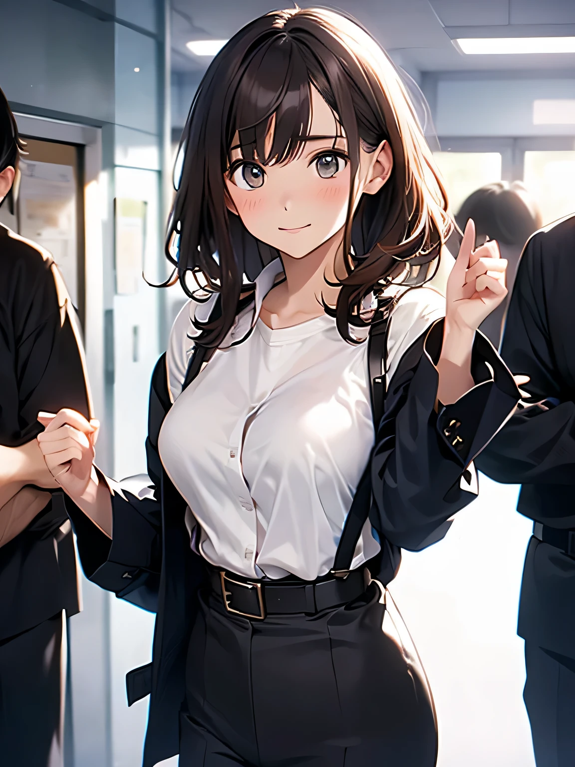 Brown hair、watching at viewers　　　black suspenders　　　bulging big tits　　 　 　　　walls: 　　　　　　Gaze　　　a small face　bangss 　　　holster　　　Beautuful Women　　Hands up　　レッグholster ベッドに横たわる　　Gaze 　black suits　Cutter shirt　校服　OL　salaryman　　Provocation　flank　flank汗　Soio 　arms are　　White belt