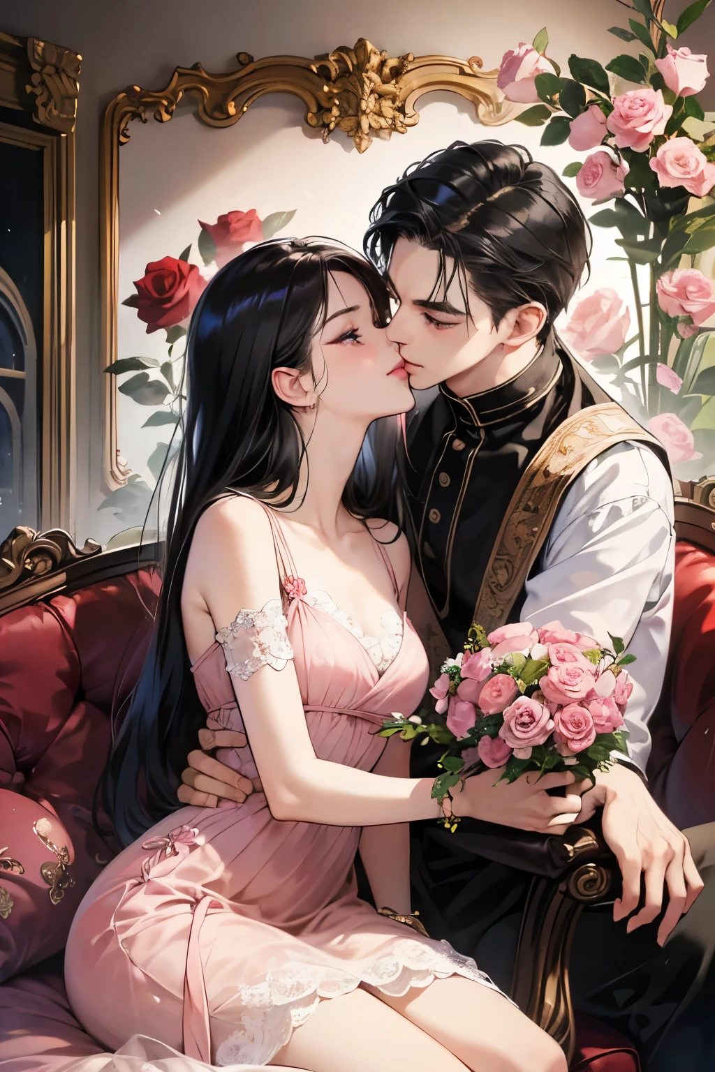 1 girl and 1 boy, Perfect female body,queen, Sit on the throne, Long aristocratic dress, Eyes look at the camera,indifferent, mocking, night,Serious expression,palace background,dramatic shadow, Ray tracing, Best quality, Cinematic lighting