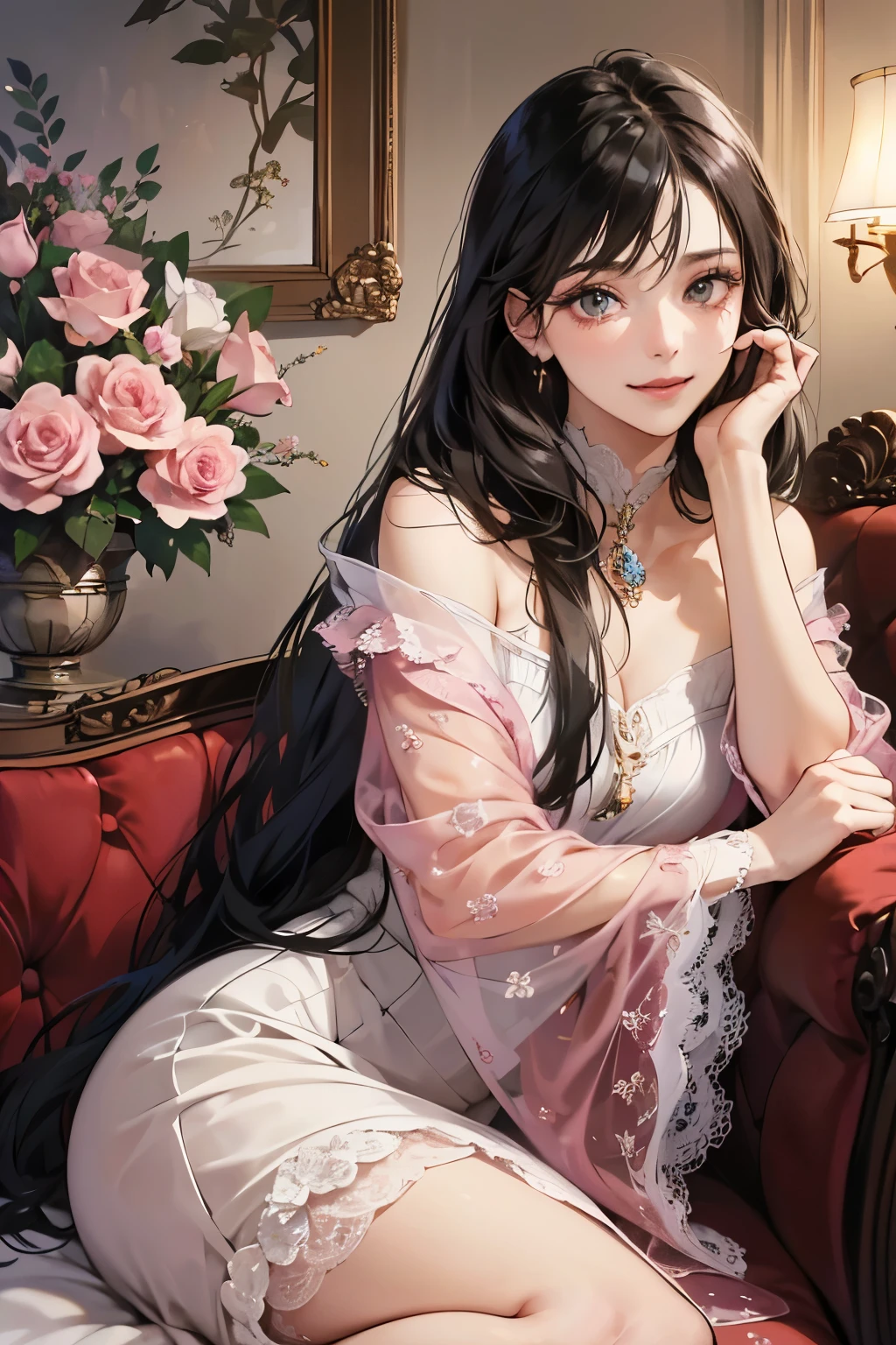 (masutepiece, Digital Art, Digital Illustration, 4K, 8K, Ultra-detailed, beautiful image, Sharp Image, Photorealistic, Raw photo, Perfect face, Perfect lines, Perfect eyes, Soft lighting) 1 woman, (Long Black Hair,straight haired,Bullish gaze,Beautie,ellegance,mode ,Onepiece、Solid makeup,23 y-o woman,small tits:1.3),スーツ姿のハンサムなember性2人, (ember,ember性はスーツ姿,well-muscled,Firm shoulder width, emberの,Boyish hairstyle,English gentlemanly style,クールな表情の30代ember性,明るい笑顔の28歳ember性:1.2),Antique furnishings,Antique Clamps,Antique chair,chandeliers,Crystal Glass,Luxury,fantastical light,Marble fireplace,(embarrassed from,Shy smile,Bouquet of pink roses:1.2),Antique sofa,Leather sofa,Crying face,Crying in frustration,Beautiful tears、the kiss、kiss、a couple、couple kissing、Romance、