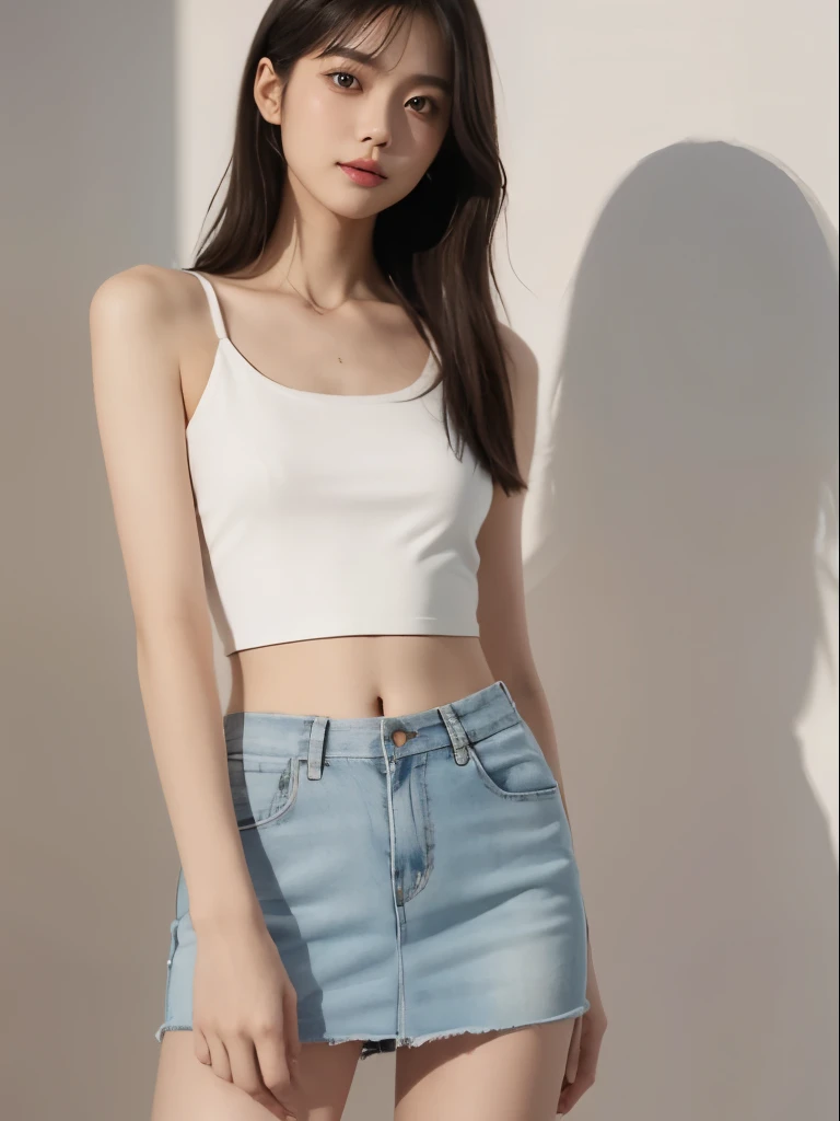 slim beautiful woman，Height 175 cm，二重まぶた，attractive collarbone，Wearing a pink crop top，medium，Exposes the entire abdomen，Wearing a white miniskirt revealing light blue，Expose below the navel，Abdomen is flat，Slim legs