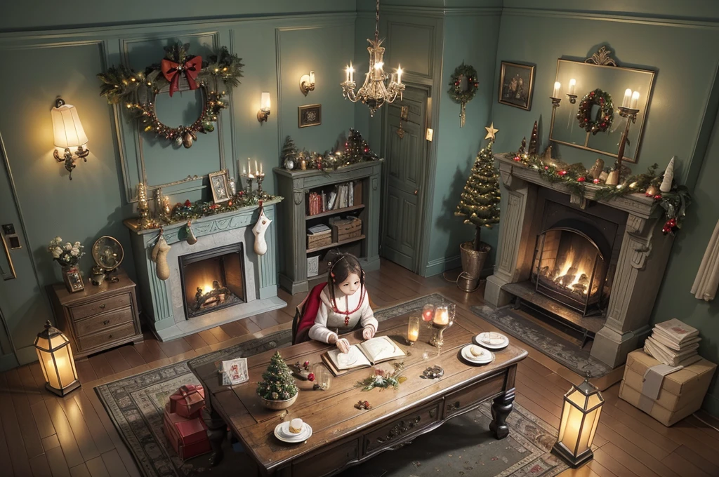 (tmasterpiece:1.2), ultra - detailed, (actual, realistically:1.37), Vibrant colors, Magical atmosphere, Whimsical, ((sky full of stars,The North Star shines)),(Use an illustration style), (European style interior house、Christmas decorations、The fireplace is warm、Lanterns hanging on the stairs、Gifts wrapped in colorful under the Christmas tree、pile of gifts on the floor、wooden floor、Decorated pine tree、镶wooden floor、mantel、red and green、Christmas atmosphere、traditional christmaestive atmosphere、chaleureux、joyeux Noel、gift tag、Christmas wreath、decorationetal ribbon、Christmas tree lights、Confectionery,Gingerbread Man,lamplight)、(房间布置得有浓浓的Christmas atmosphere. A string of shining colored lights hangs on the wall, 窗台上放着Christmas wreath和小雪人, In the corner of the room stands a beautifully decorated Christmas tree). (On a table, There are beautiful cutlery and red plates. In the center of the table, Have a sumptuous Christmas feast, Next to it is a bottle of red wine and two exquisite wine glasses, Brings warmth and comfort to the entire room). (Ghibli-style colors, first person perspective, hyper HD, tmasterpiece, acurate, Anatomically correct, ctextured skin, super detailing, high detal, high qulity, Award-Awarded, Best quality at best, 8K))), hyper realisitc的, Psychedelic, Complicated details, Beautiful texture, Ethereal, like a dream, Soft glowing light, Charming Patterns, Fantasy creatures, Hidden surprises, dreamlike landscapes, hyper realisitc的 color palette, Mystic aura, hyper realisitc, Enchanting journey, psychedelic trip, vivid imagination, immersive experience, mysterious creature, otherworldly charm, glowing paths, Light up a magical Christmas, hyper realisitc的天空, Whimsical theme park, a magical encounter,Fascinating artwork,(Ultra-high saturation,Bright and bright: 1.8), (Ultra-high saturation,Bright and bright: 1.8)