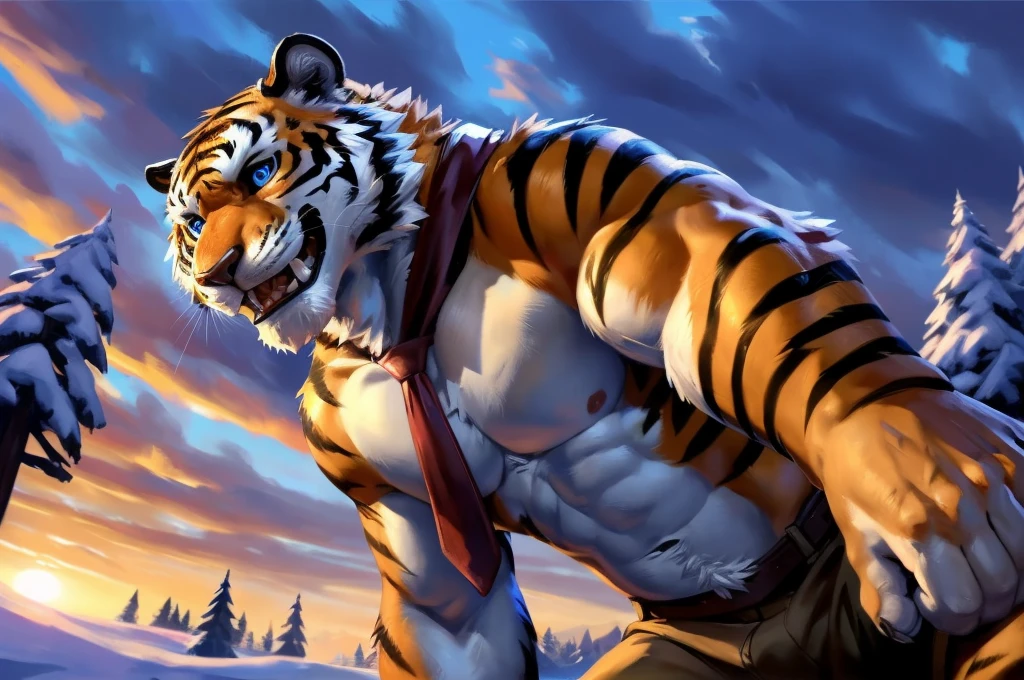 slim feral:1.2 thin tiger, posing for the camera. 4k, high resolution, best quality, perfect colors, perfect shadows, perfect lighting, posted on e621, furry body, feral tiger, quadruped:1 tiger, solo, male, , slim, (skinny:2 build:1.4, strong pecs), correct anatomy, orange fur (orange:1 fur, detailed fur, epic, masterpiece:1.2), (winter background, snowing, cloudy sky, sunset), sexy shadowy echin, by Taran Fiddler, by takemoto arashi, by Traver009, by Juiceps), (detailed blue eyes:1.2), impressive physique, tired pose, struggling, effort pose, bothered face, exhausted, detailed eyes, looking at camera, open mouth, thick drooling:1.4, low-angle shot, fortnite, red necktie, fortnite skin, oscar from fortnite,