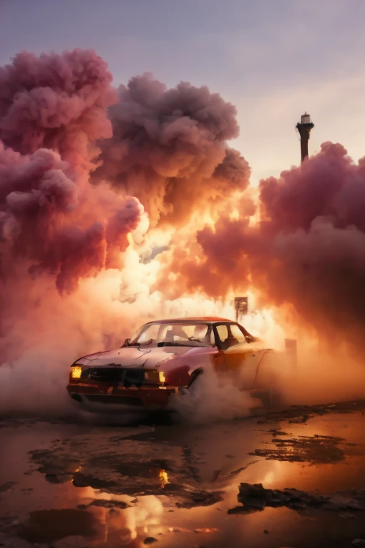 Franco-German image of car in smoke, Smoke coming from behind the steering wheel, automotive photography, in clouds of smoke, car drifting, automotive photography, Movie 4K wallpaper, Movie 4K wallpaper, Dramatic action atmosphere, cinematic atmospheric photo, auto photography, vehicle photography, dmt image. Octagonal rendering, inspired by Mike Winkelmann, Octagonal rendering aesthetic,フォトリアリスティック,フォトリアリスティック照片