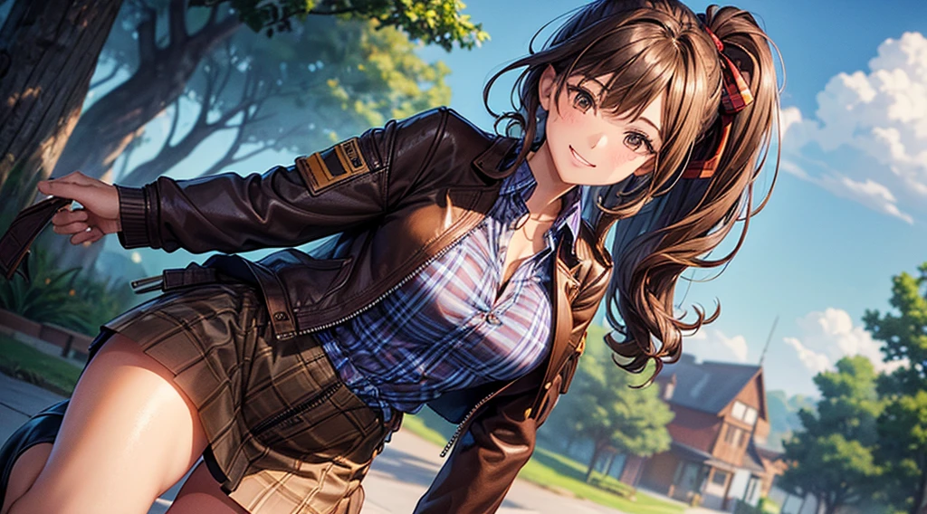 1girl, full body, solo, village, trees, brown hair, long hair, curly hair, ponytail, large breasts, button down shirt, ((blue checked shirt)), ((unbuttoned shirt)), brown eyes, ((opened brown zipper jacket)), leather jacket, red and black skirt, grin, looking at the viewer, standng, hair ribbon