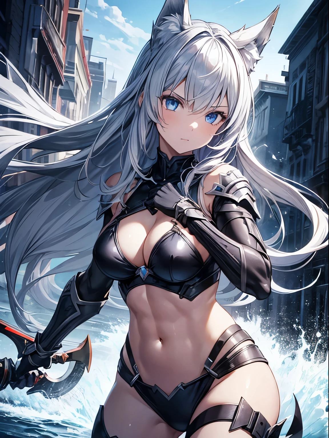 1 girl,Serious,silber hair,Wolf ears,eBlue eyes,bikini armor,holding a longsword,Abs,dynamicposes,dynamic angle,Complicated details, hyper realisitc, perfect anatomia