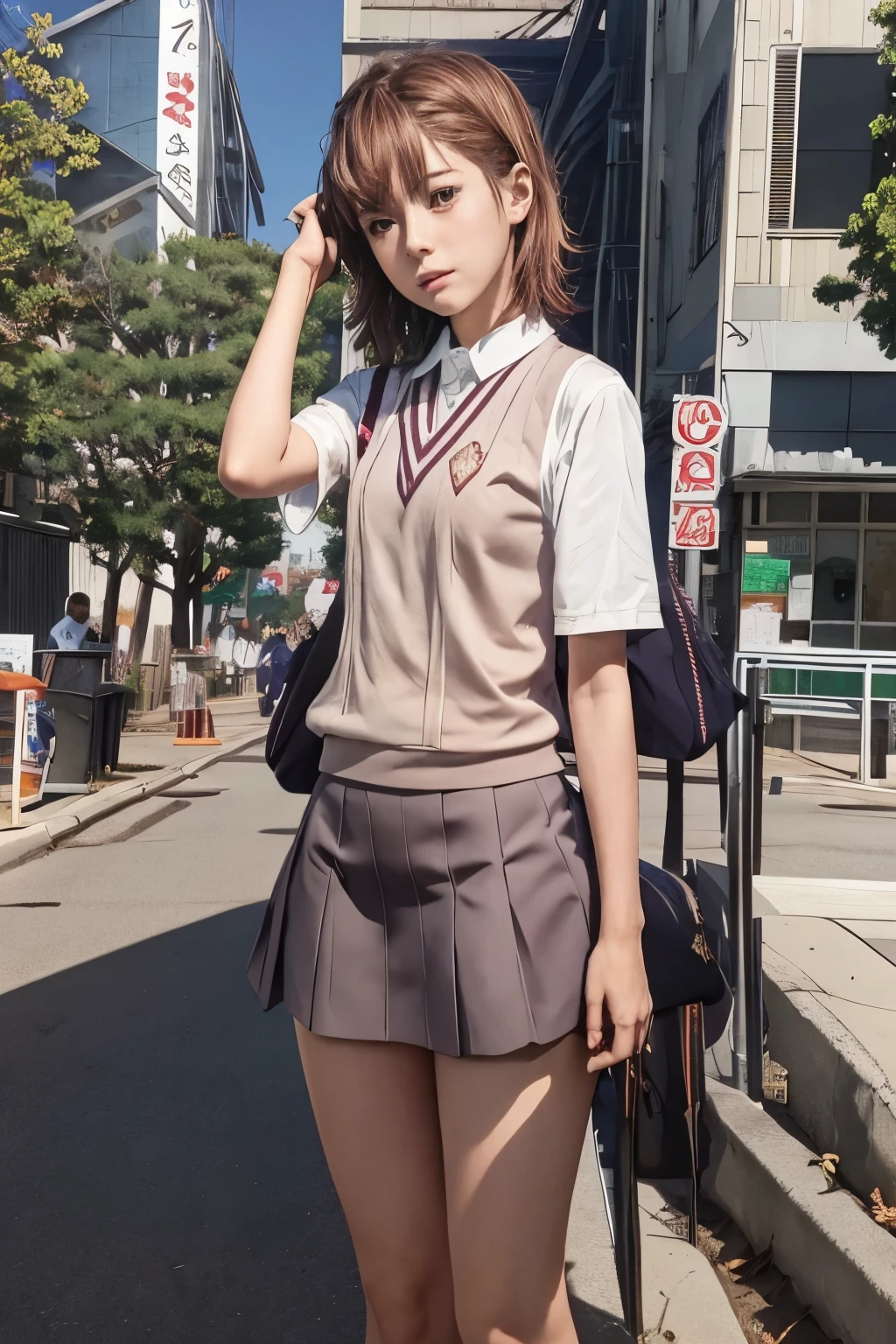 anime girl in school uniform standing on a street corner, kantai collection style, beautiful anime high school girl, anime moe artstyle, anime visual of a cute girl, makoto shinkai. digital render, railgun, makoto shinkai style, smooth anime cg art, makoto shinka, a hyperrealistic schoolgirl, makoto, young anime girl，Misaka Mikoto，with short golden hair，Short hair，JK school uniform