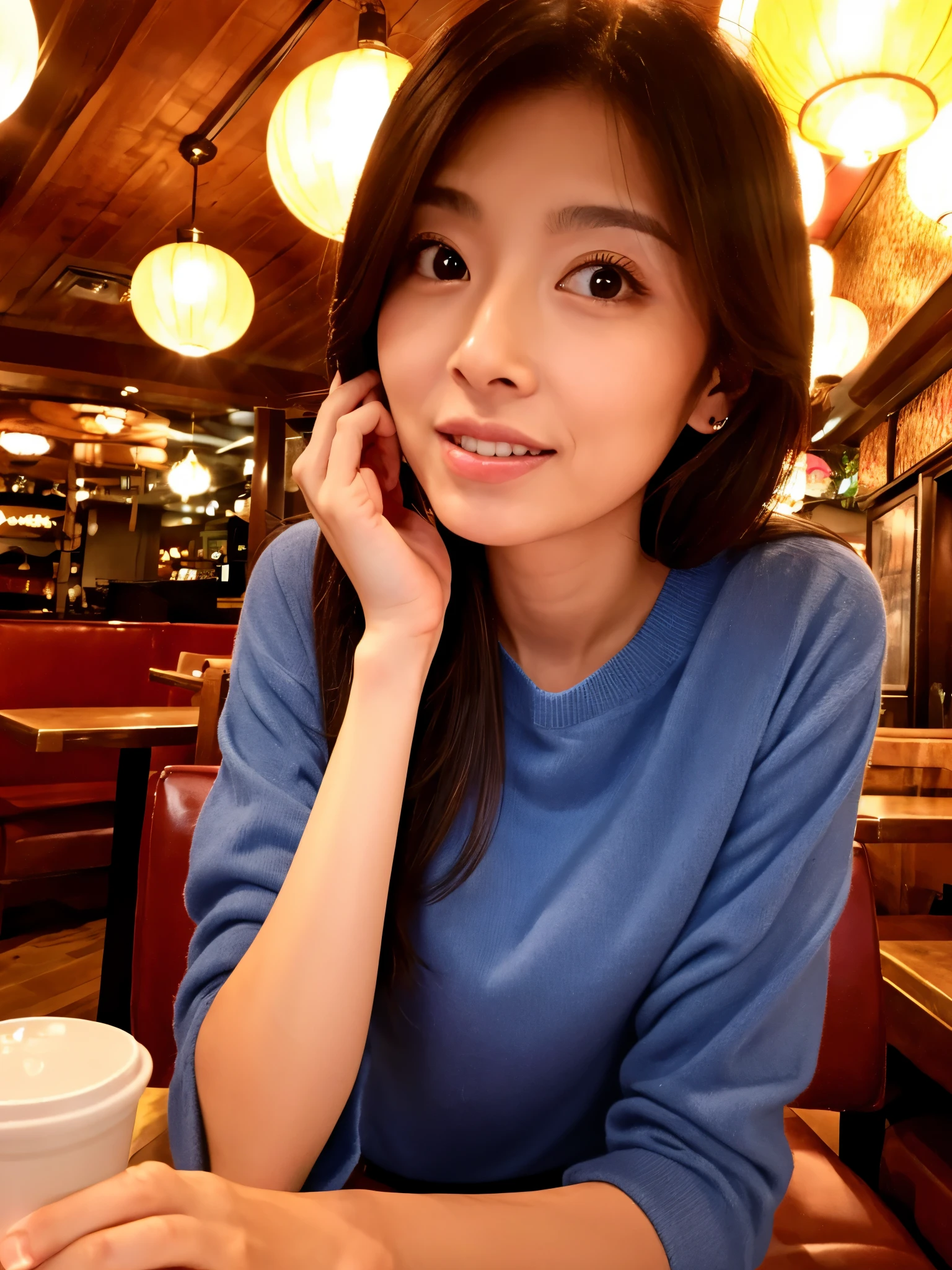 (High reality photograph, high resolusion, detailed face, detailed eyes) Skinny Japanese lady, 40 years old, cute face, various face expression, various hair style, skinny figure, small breasts, very thin waist, in a restaurant, wearing casual clothes