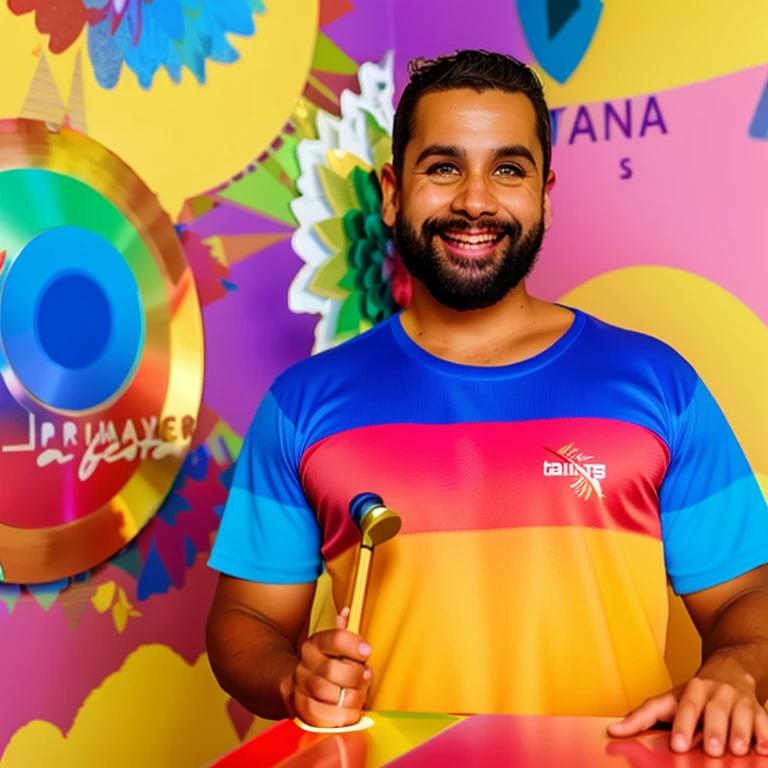 smiling drag queen holding a hammer in front of a colorful wall, caio santos, icaro carvalho, daniel mirante, by Ramón Silva, Henry Alvim Correa, by Antonio Parreiras, david rios ferreira, inspired by Nathan Oliveira, carmelo blandino, holding maracas