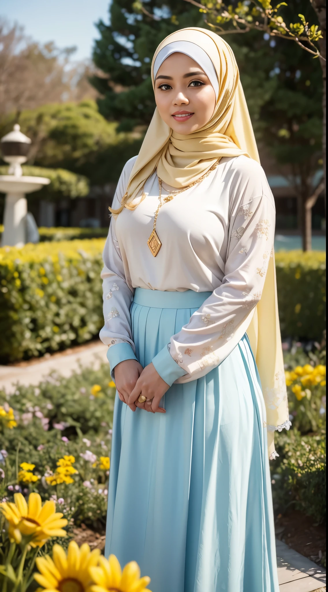 RAW, Best quality, high resolution, masterpiece: 1.3), Beautiful Malay woman in hijab, Masterpiece, perfect fit body, ((Big breasts)), beautiful big eyes, Soft smile,Muslim Woman in light blue floral pleated skirt and yellow blouse standing in the flower garden, feminine in cute pastel colors, wearing an elegant outfit, feminine in pastel shades, yellow and light blue outfit, white hijab, cream colored Blouse, inspired from Ni Yuanlu, Malay, wearing blouse, hijab, beautiful image, she smiles, smooth turtleneck, necklace , hairband, evening walk, City park, Great lighting, Bright colors, Clean lines
