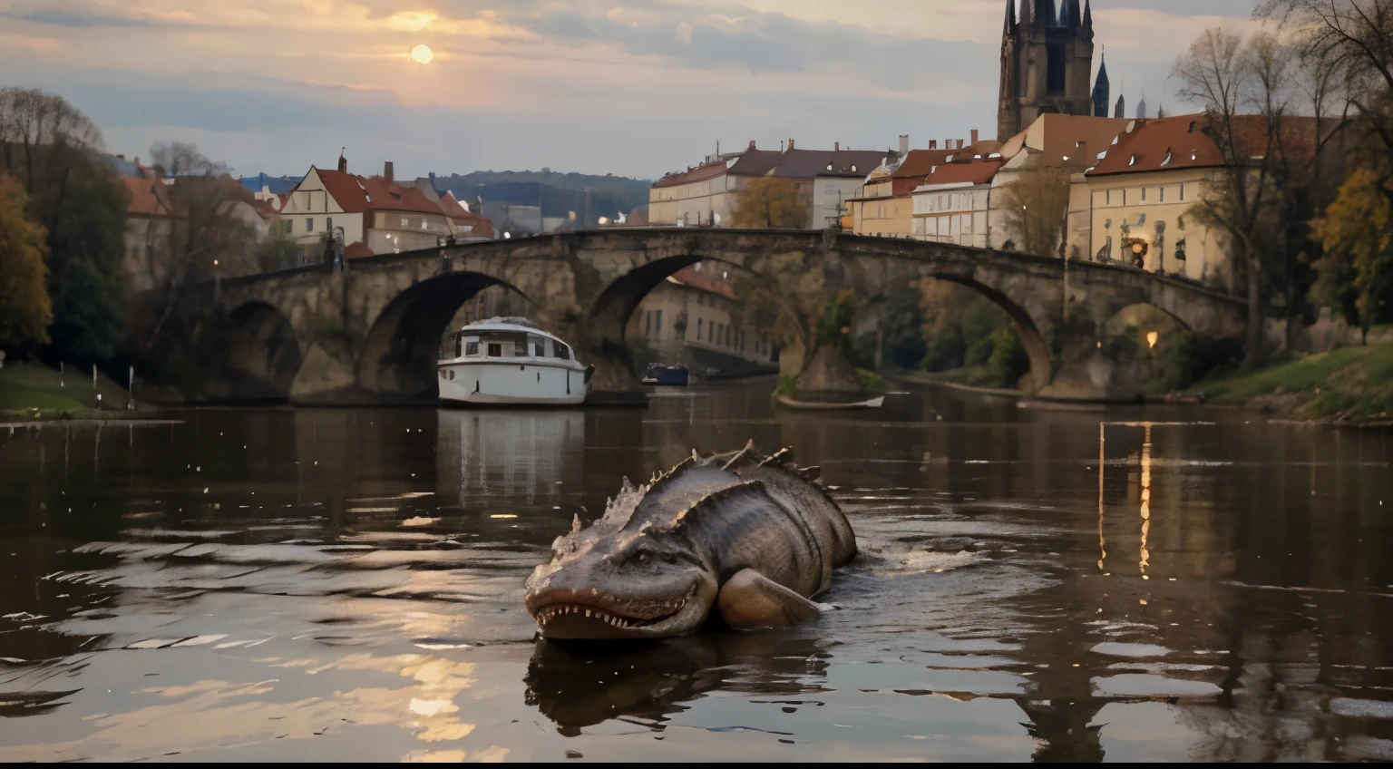 Alligators living in Prague, good old times, style of old oil painting